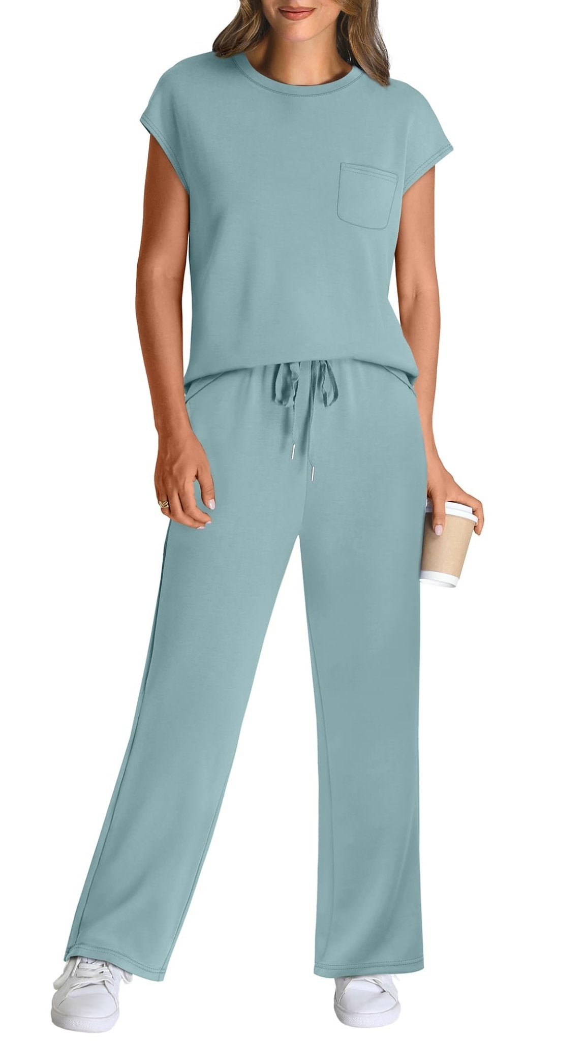 WIHOLL 2 Piece Sets for Women Casual Summer Travel Vacation Outfits Cap Sleeve Lounge Set