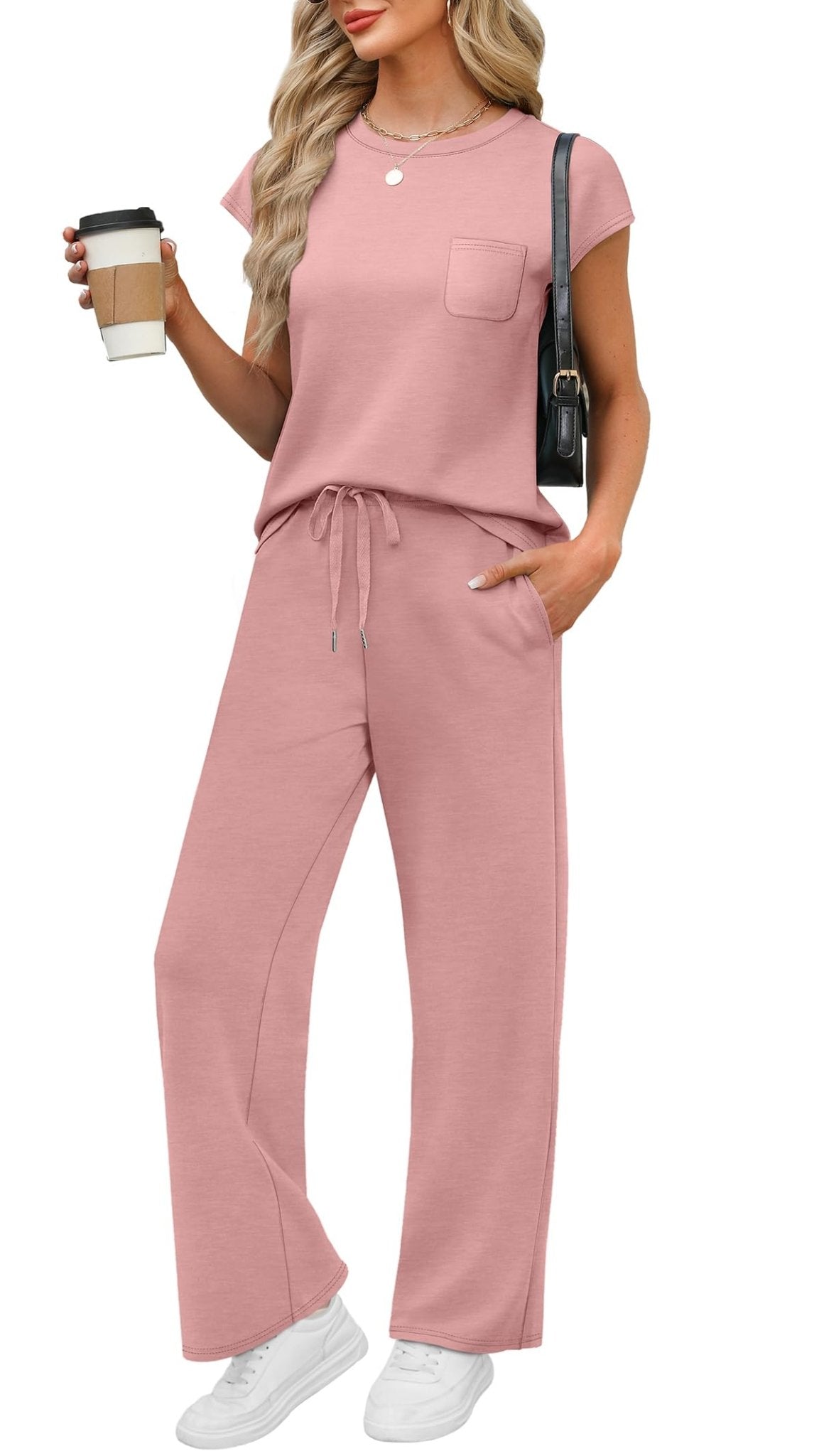 WIHOLL 2 Piece Sets for Women Casual Summer Travel Vacation Outfits Cap Sleeve Lounge Set