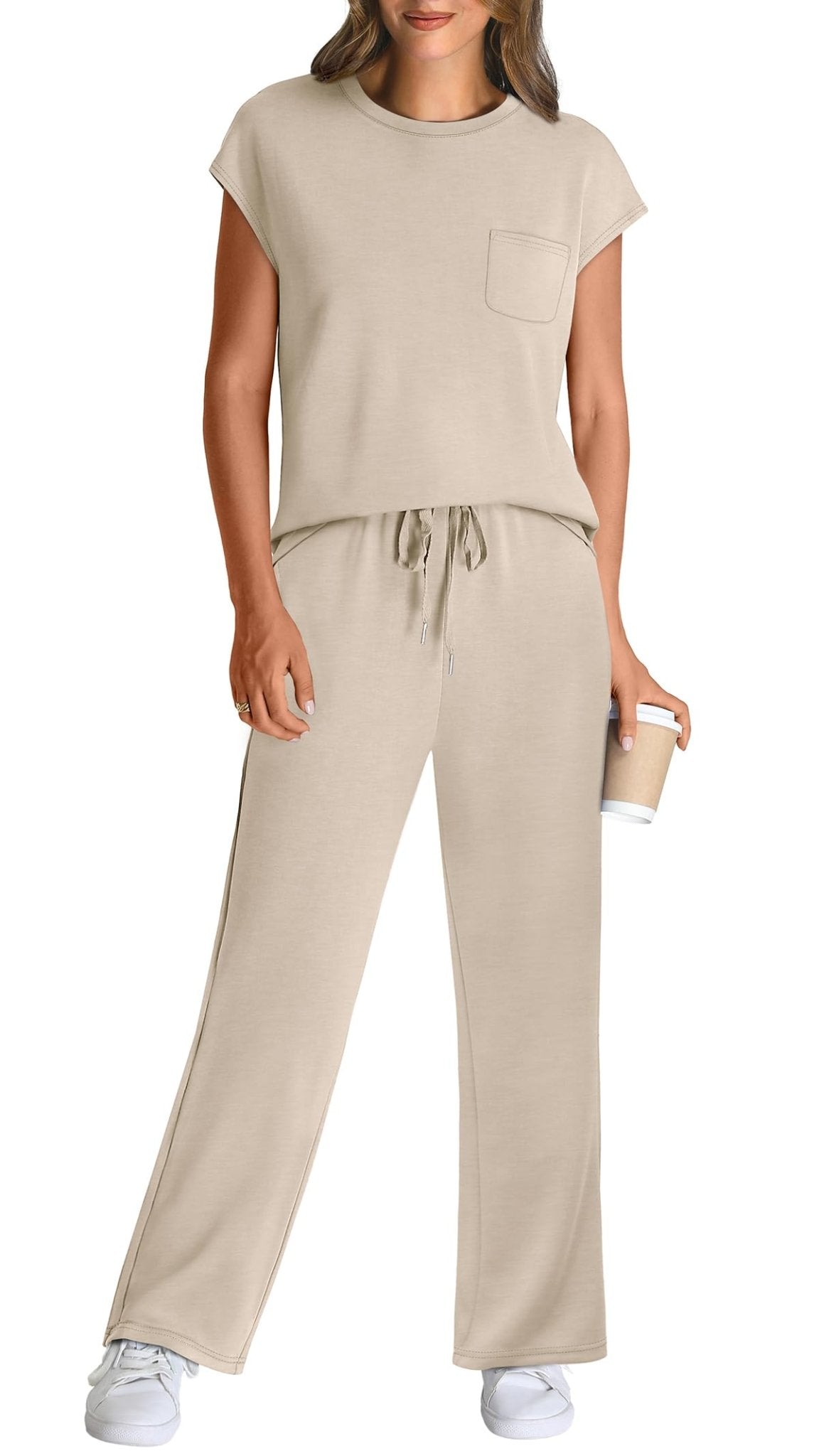 WIHOLL 2 Piece Sets for Women Casual Summer Travel Vacation Outfits Cap Sleeve Lounge Set