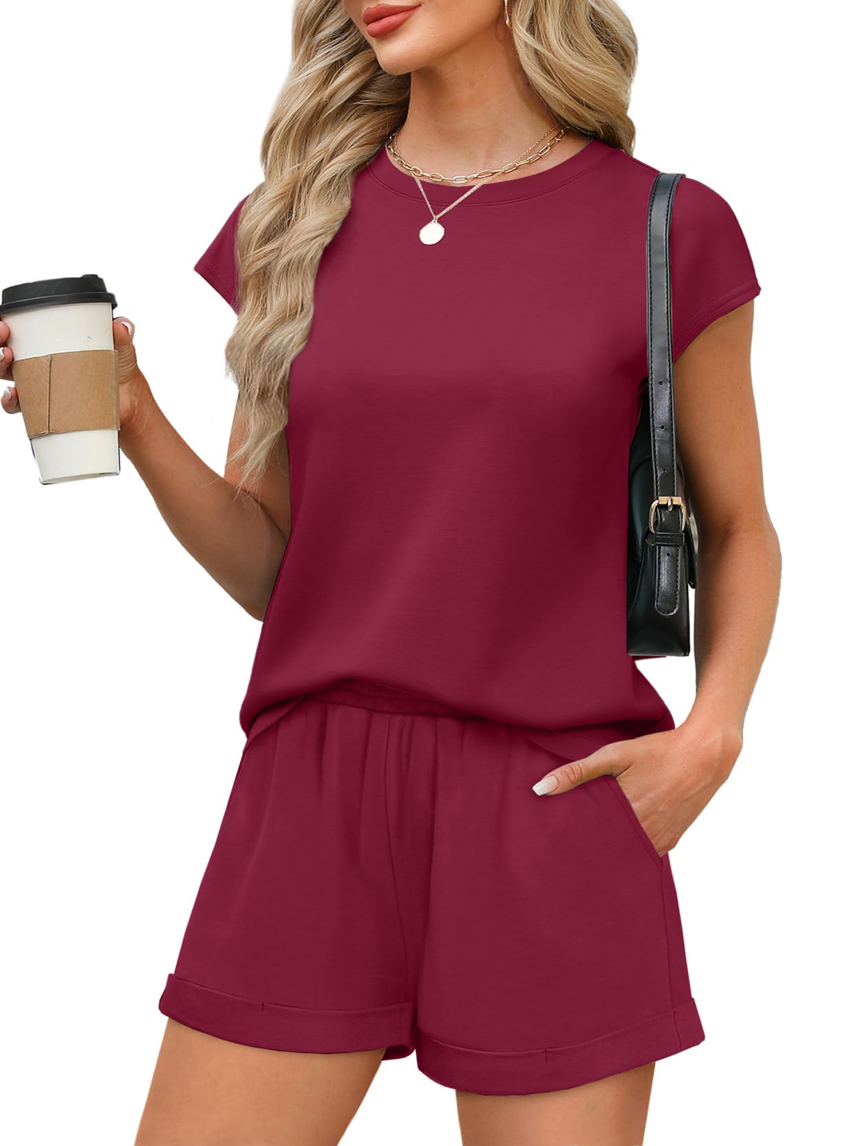 WIHOLL 2 Piece Sets for Women Casual Summer Travel Vacation Outfits Cap Sleeve Shorts Lounge Set