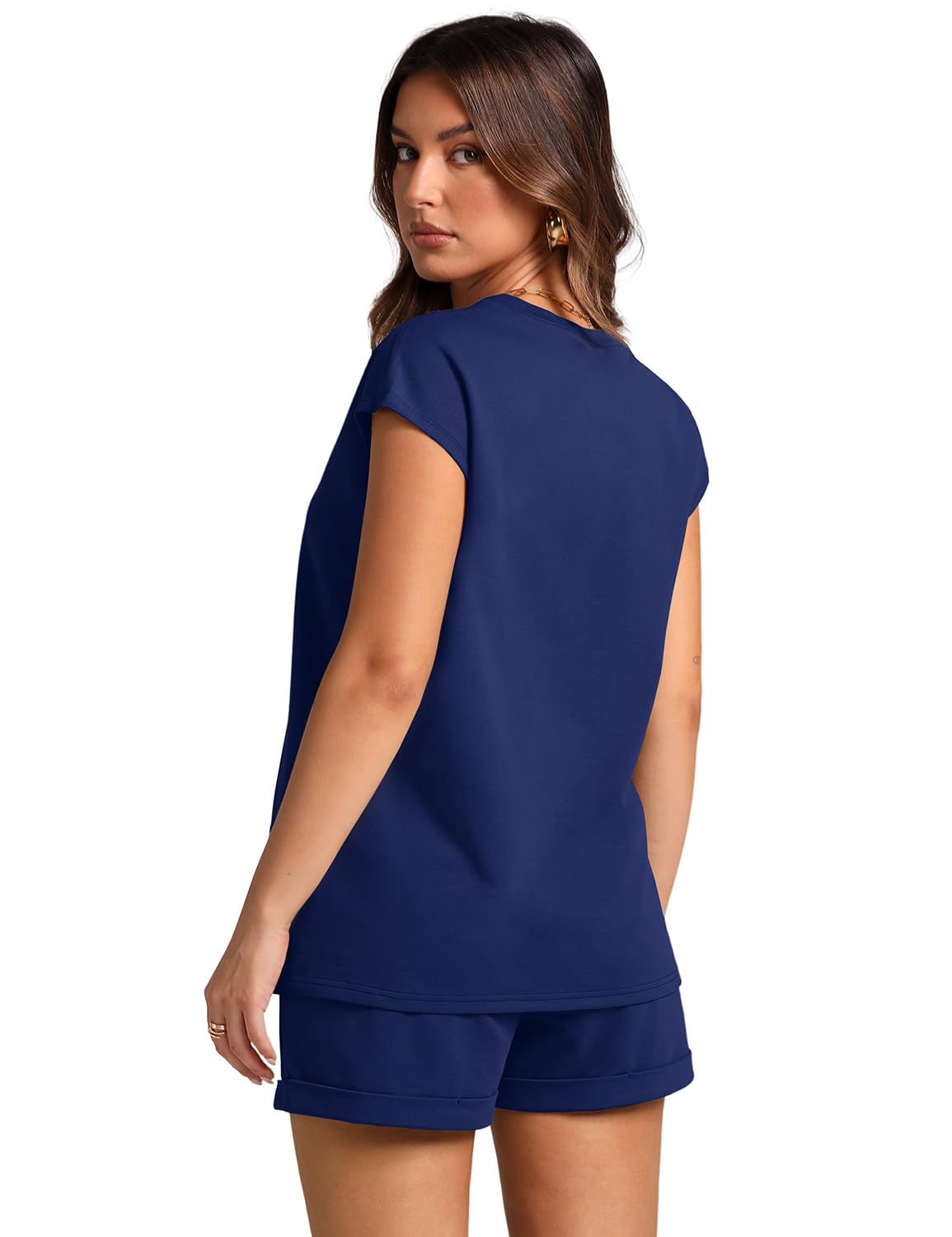 WIHOLL 2 Piece Sets for Women Casual Summer Travel Vacation Outfits Cap Sleeve Shorts Lounge Set