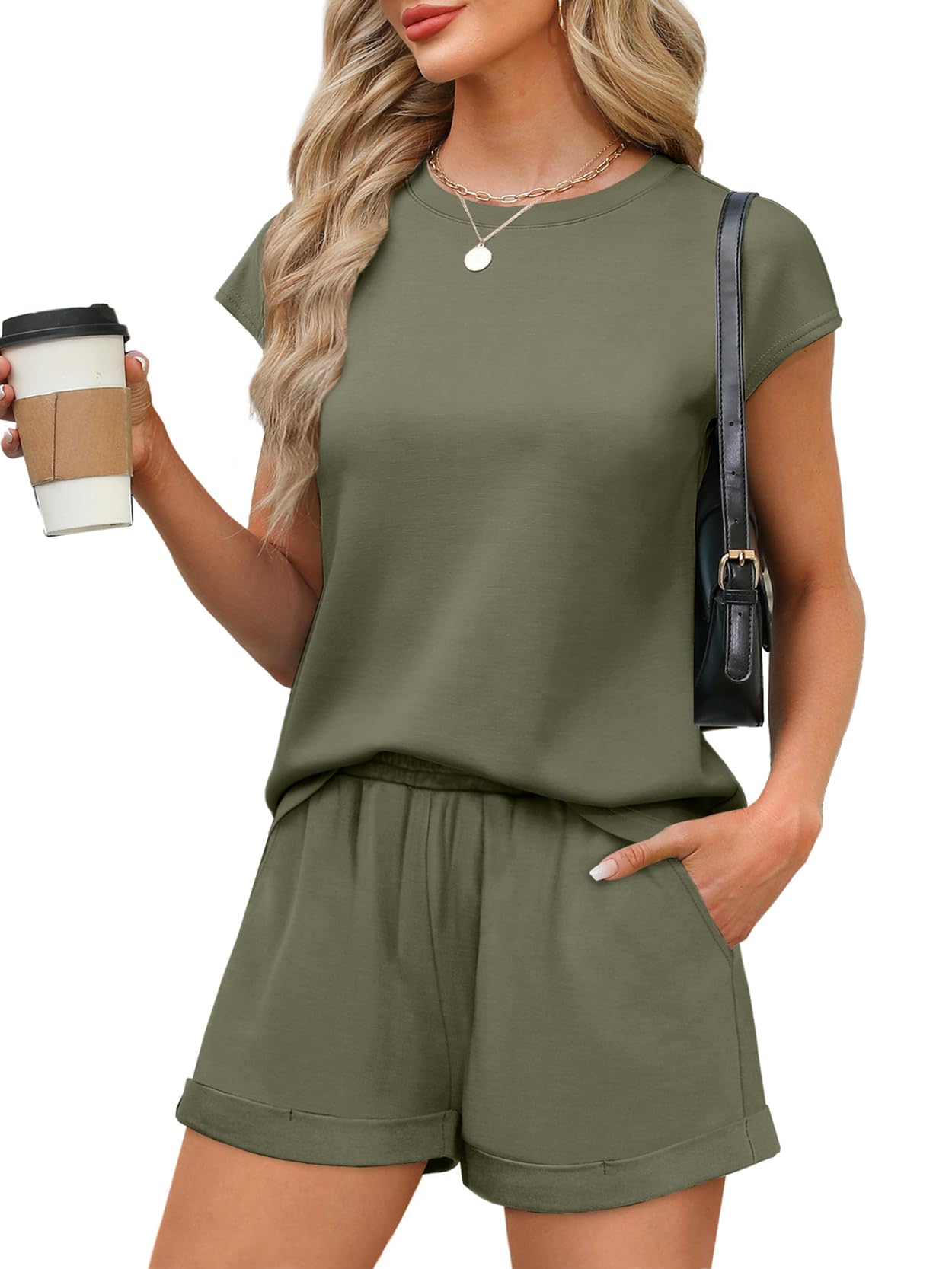 WIHOLL 2 Piece Sets for Women Casual Summer Travel Vacation Outfits Cap Sleeve Shorts Lounge Set