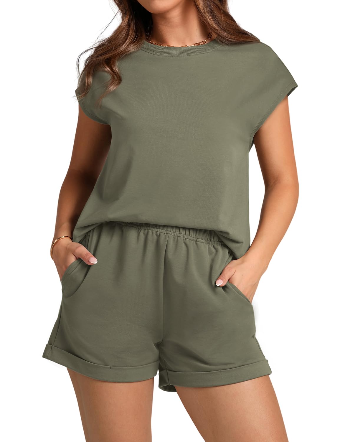 WIHOLL 2 Piece Sets for Women Casual Summer Travel Vacation Outfits Cap Sleeve Shorts Lounge Set