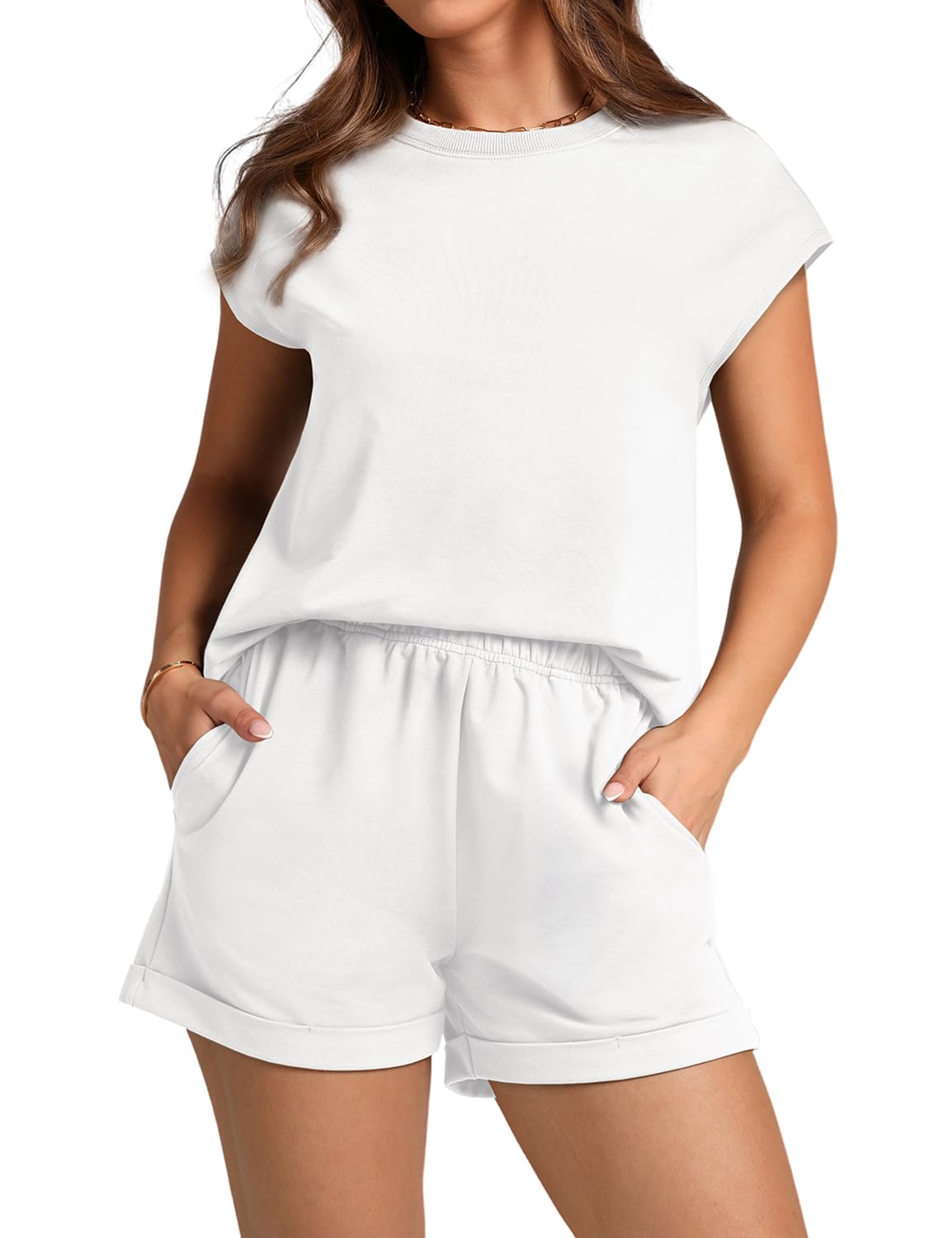 WIHOLL 2 Piece Sets for Women Casual Summer Travel Vacation Outfits Cap Sleeve Shorts Lounge Set