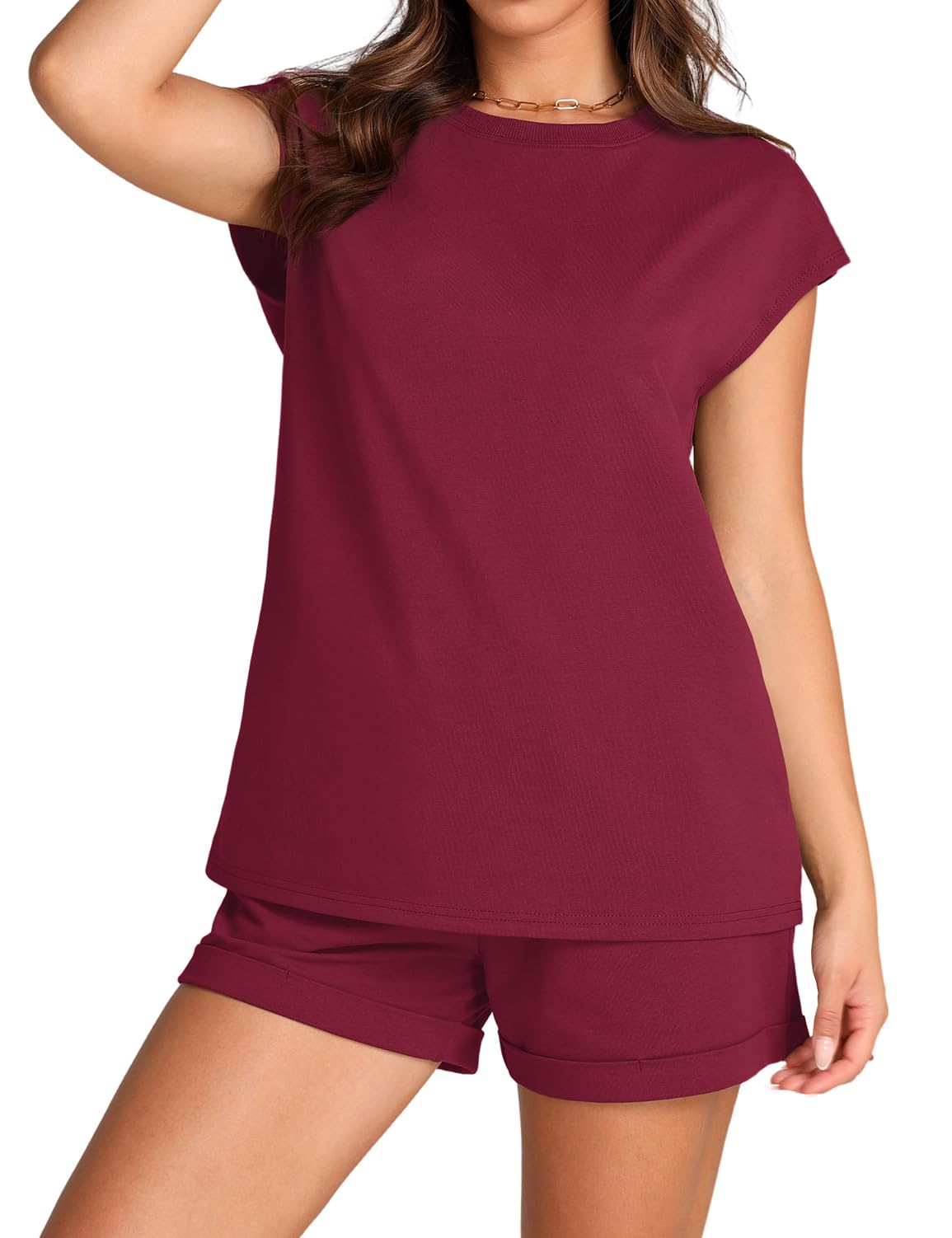 WIHOLL 2 Piece Sets for Women Casual Summer Travel Vacation Outfits Cap Sleeve Shorts Lounge Set