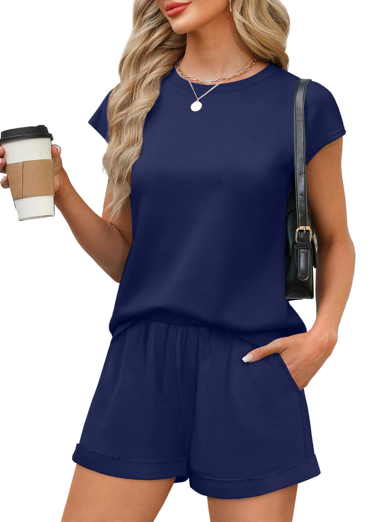 WIHOLL 2 Piece Sets for Women Casual Summer Travel Vacation Outfits Cap Sleeve Shorts Lounge Set