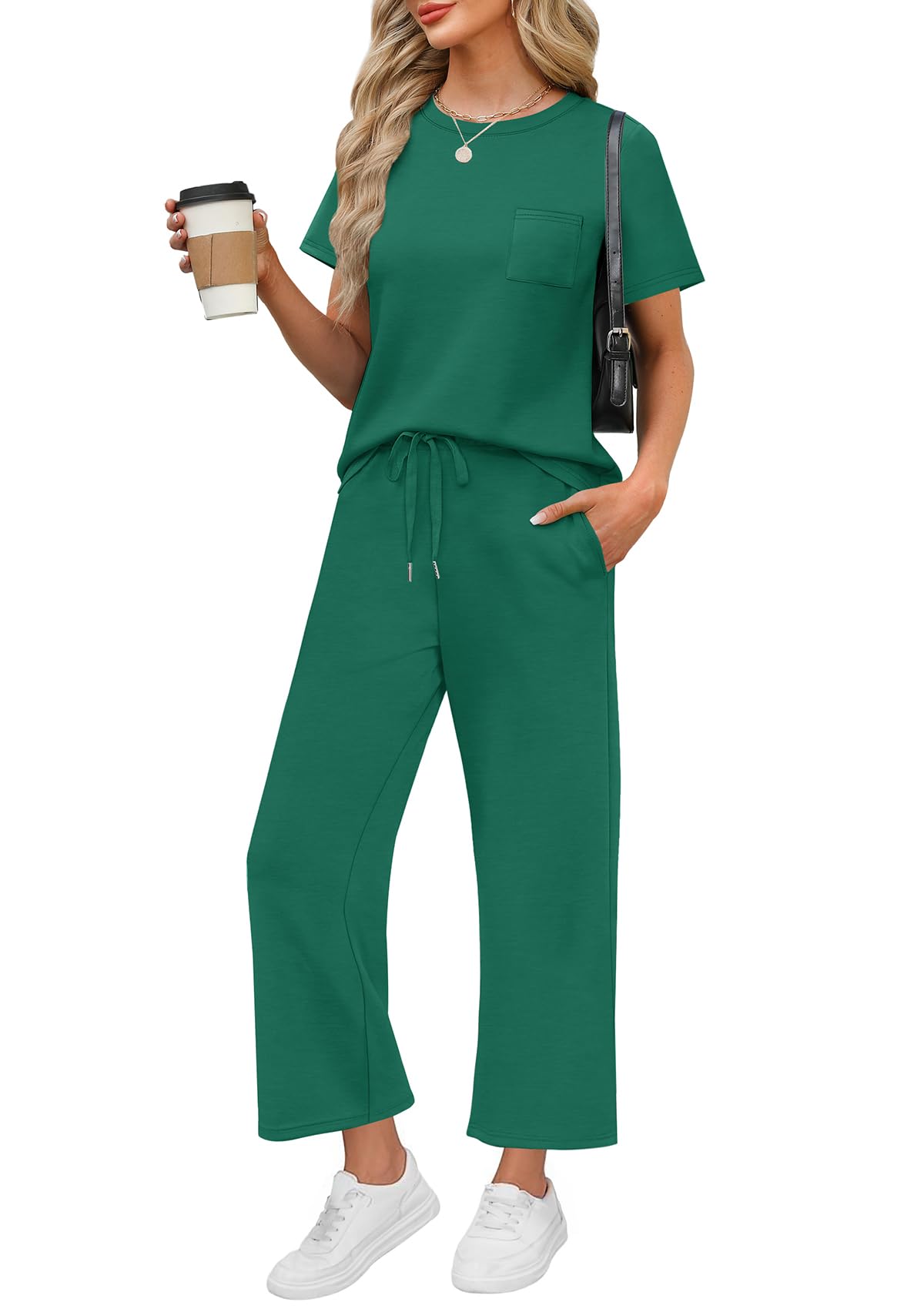 WIHOLL 2 Piece Sets for Women Casual Summer Travel Vacation Outfits Short Sleeve Wide Leg Crop Pants Lounge Sets