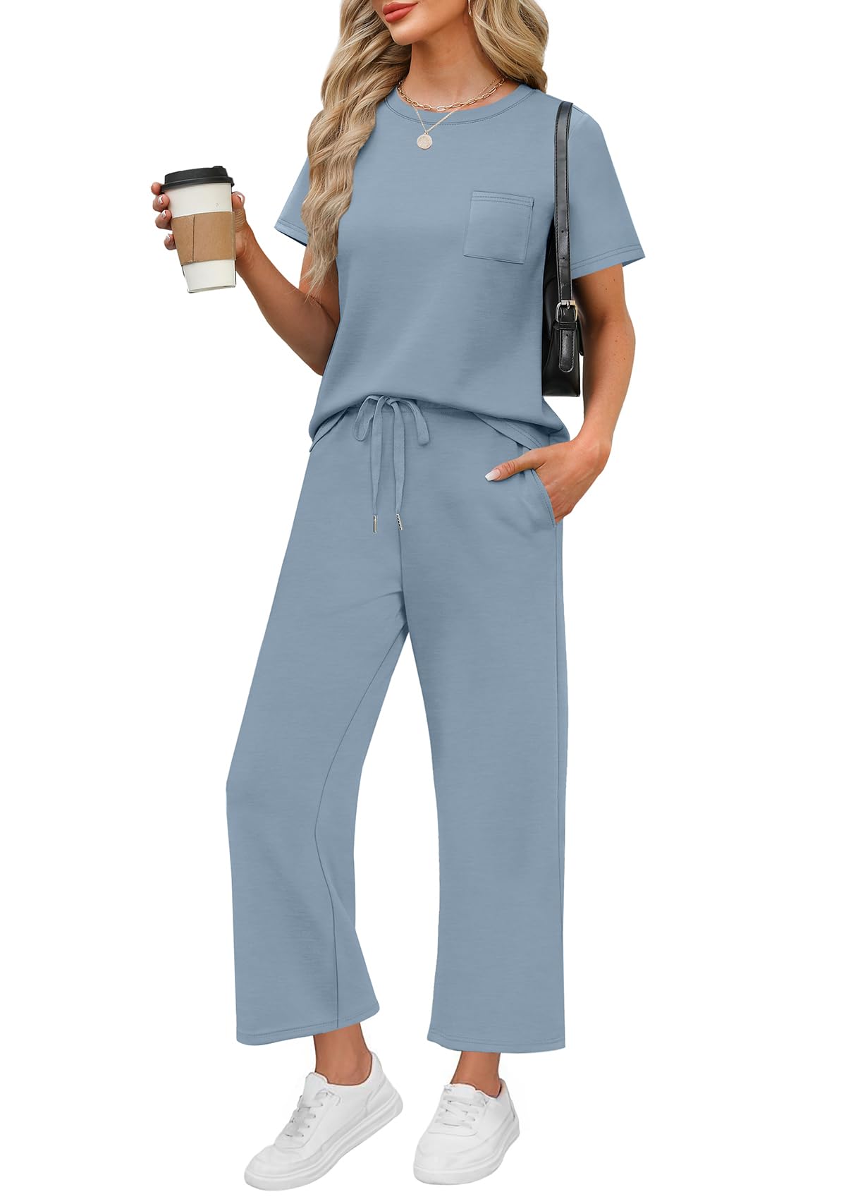 WIHOLL 2 Piece Sets for Women Casual Summer Travel Vacation Outfits Short Sleeve Wide Leg Crop Pants Lounge Sets