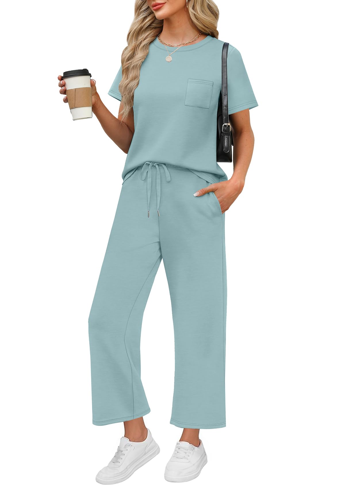 WIHOLL 2 Piece Sets for Women Casual Summer Travel Vacation Outfits Short Sleeve Wide Leg Crop Pants Lounge Sets