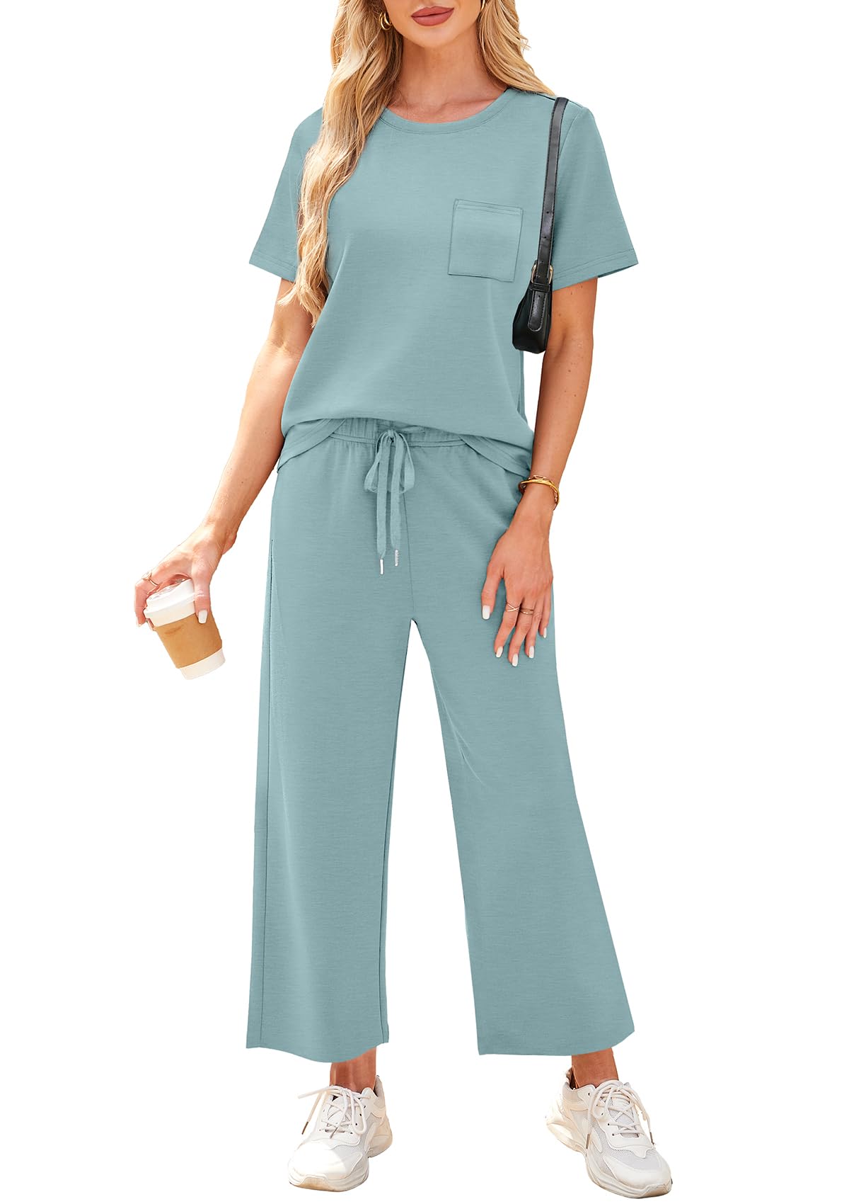 WIHOLL 2 Piece Sets for Women Casual Summer Travel Vacation Outfits Short Sleeve Wide Leg Crop Pants Lounge Sets