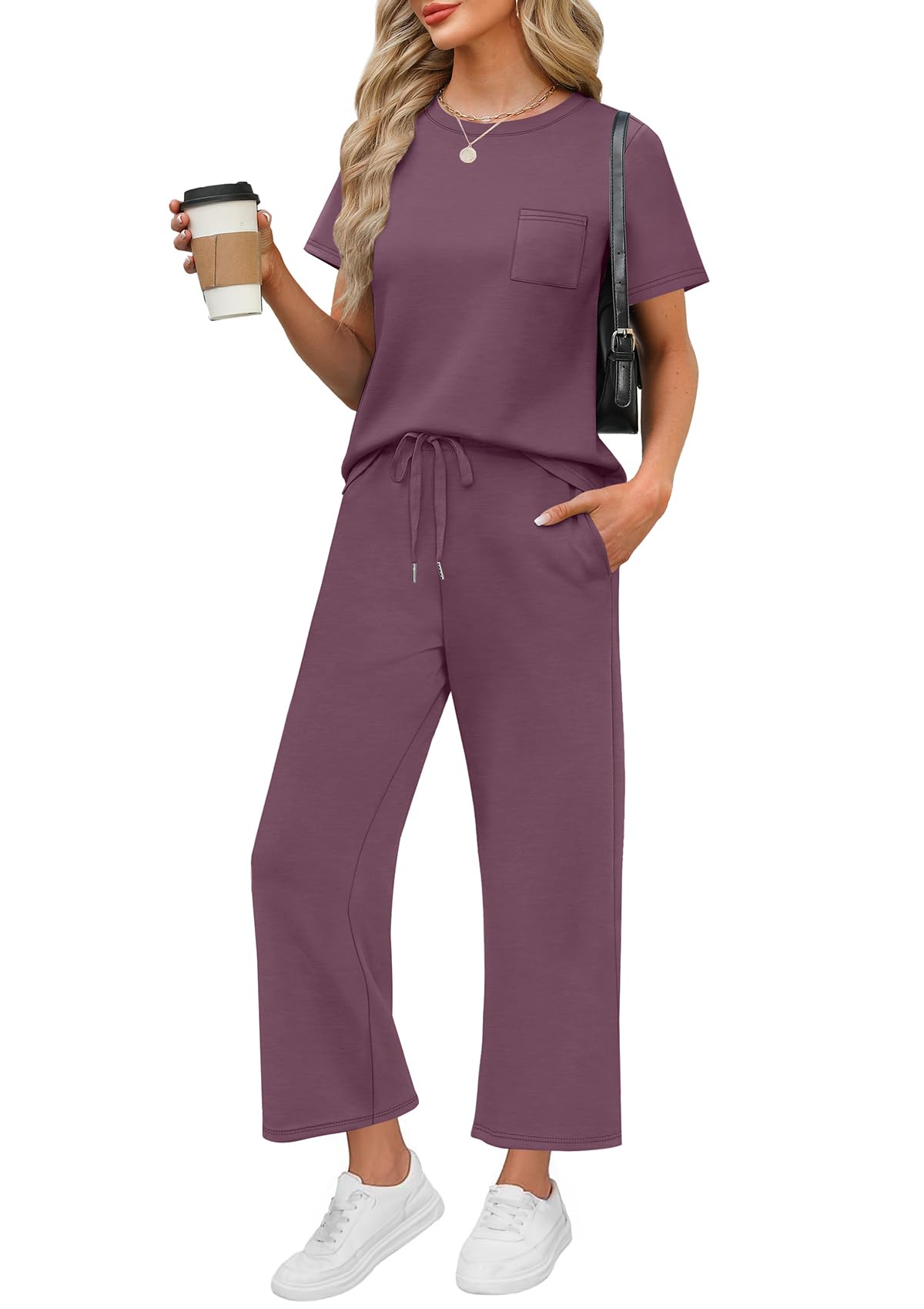 WIHOLL 2 Piece Sets for Women Casual Summer Travel Vacation Outfits Short Sleeve Wide Leg Crop Pants Lounge Sets