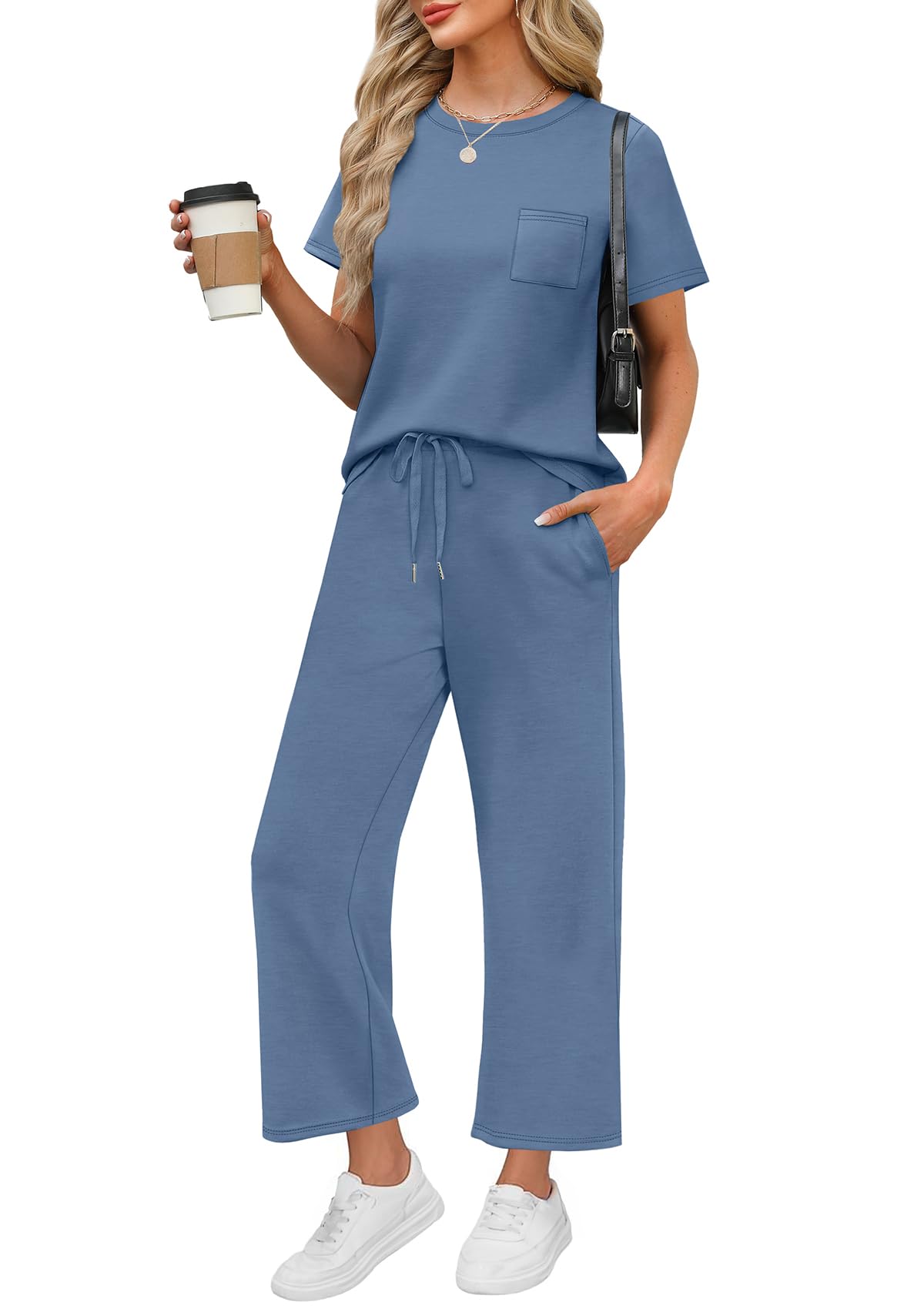 WIHOLL 2 Piece Sets for Women Casual Summer Travel Vacation Outfits Short Sleeve Wide Leg Crop Pants Lounge Sets