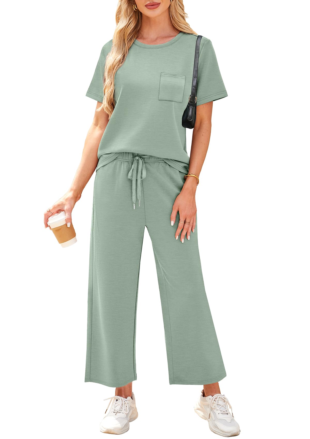 WIHOLL 2 Piece Sets for Women Casual Summer Travel Vacation Outfits Short Sleeve Wide Leg Crop Pants Lounge Sets