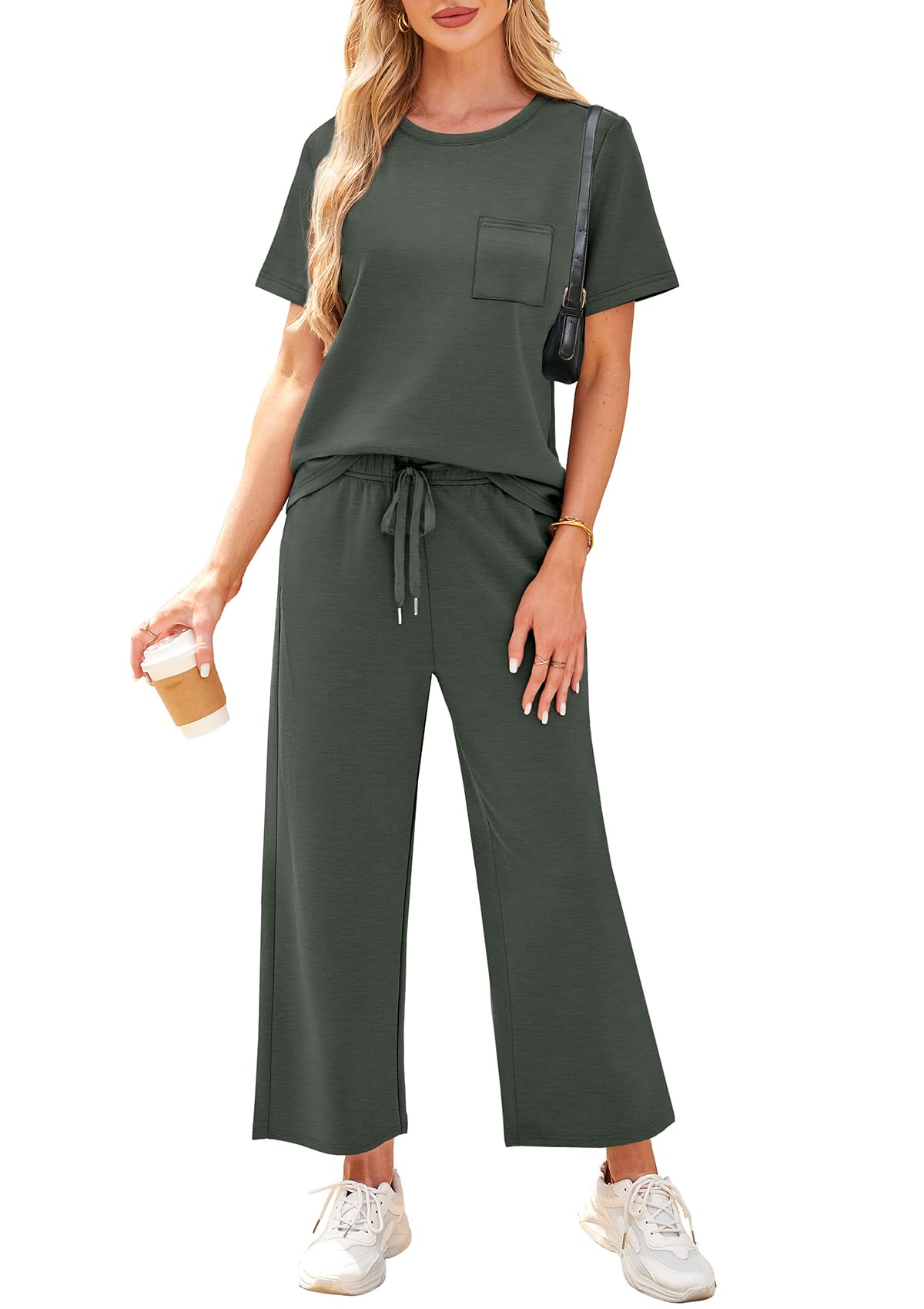 WIHOLL 2 Piece Sets for Women Casual Summer Travel Vacation Outfits Short Sleeve Wide Leg Crop Pants Lounge Sets