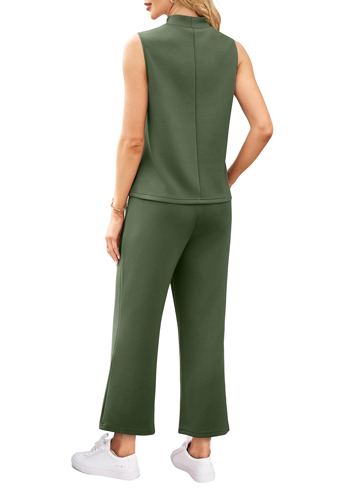 WIHOLL 2 Piece Sets for Women Summer Travel Vacation Outfits Casual Mock Neck Wide Leg Crop Pants Lounge Sets