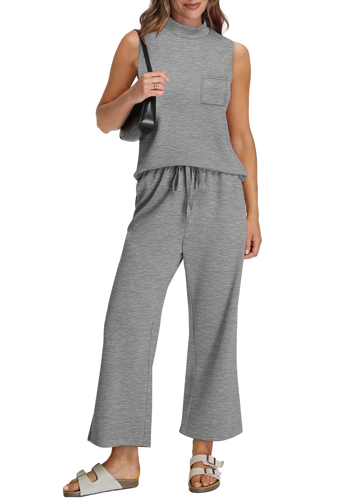 WIHOLL 2 Piece Sets for Women Summer Travel Vacation Outfits Casual Mock Neck Wide Leg Crop Pants Lounge Sets