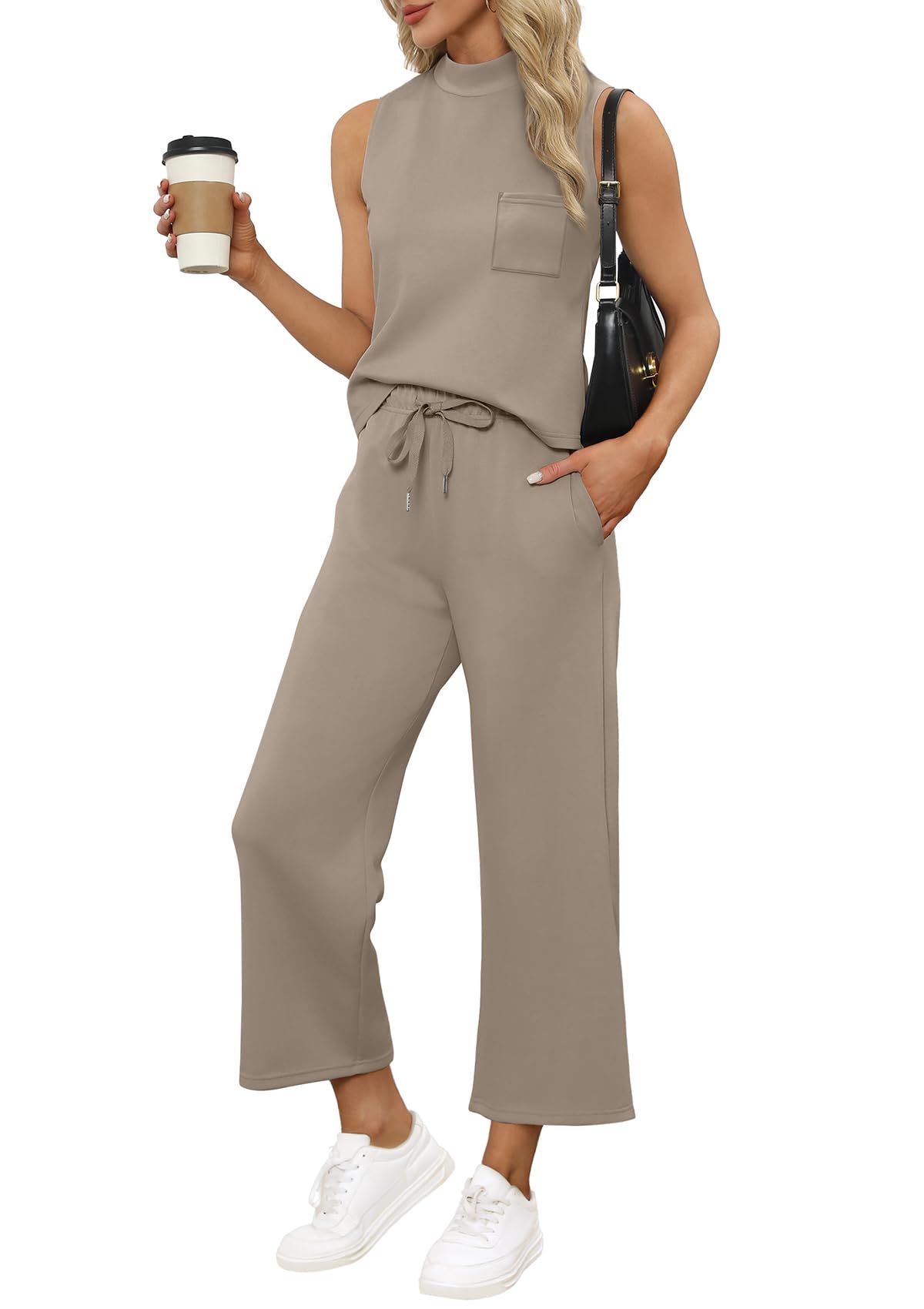 WIHOLL 2 Piece Sets for Women Summer Travel Vacation Outfits Casual Mock Neck Wide Leg Crop Pants Lounge Sets