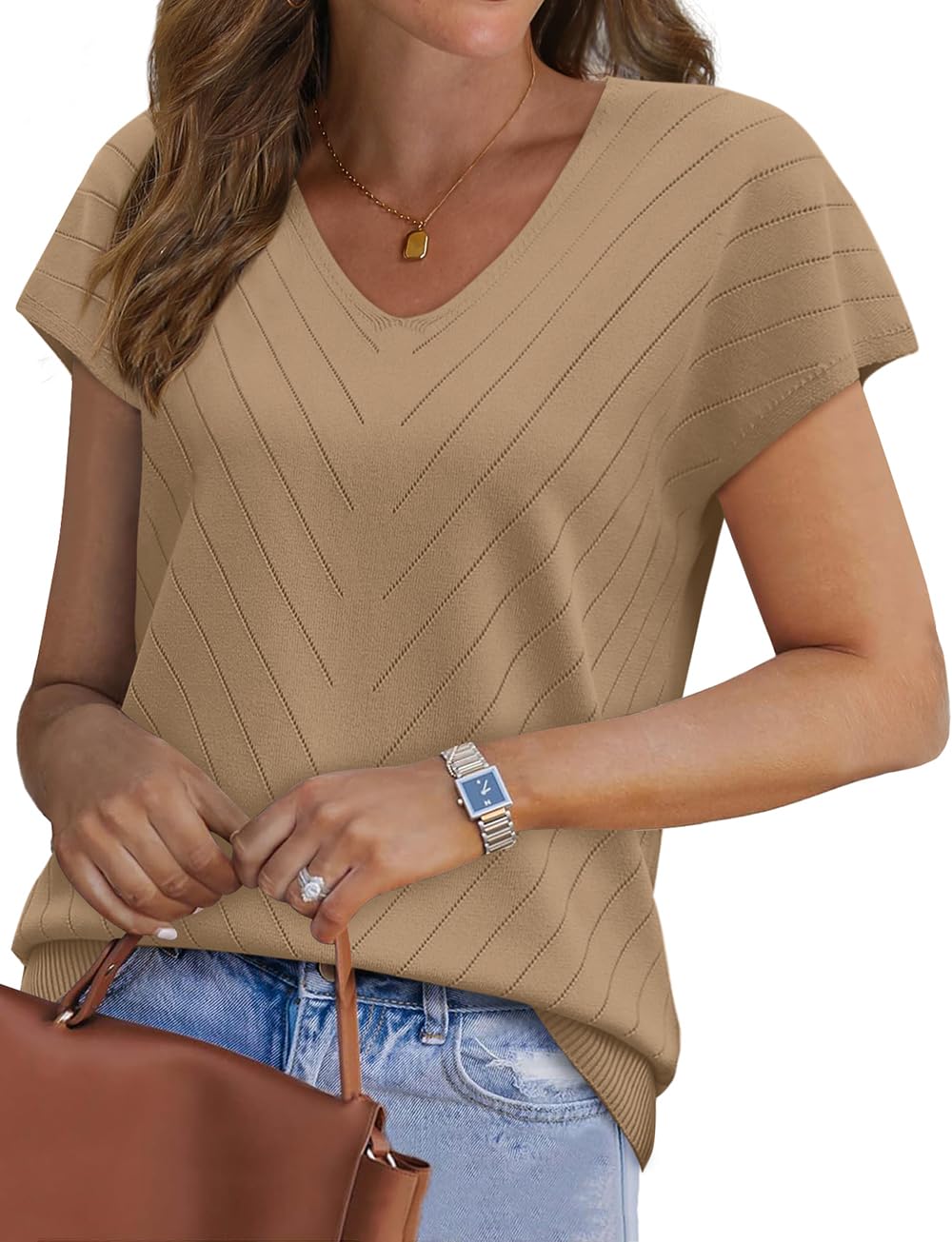 WIHOLL Short Sleeve Sweater for Women V Neck Trendy Summer Tops 2025 Beach Vacation Clothes Travel Business Casual Outfits