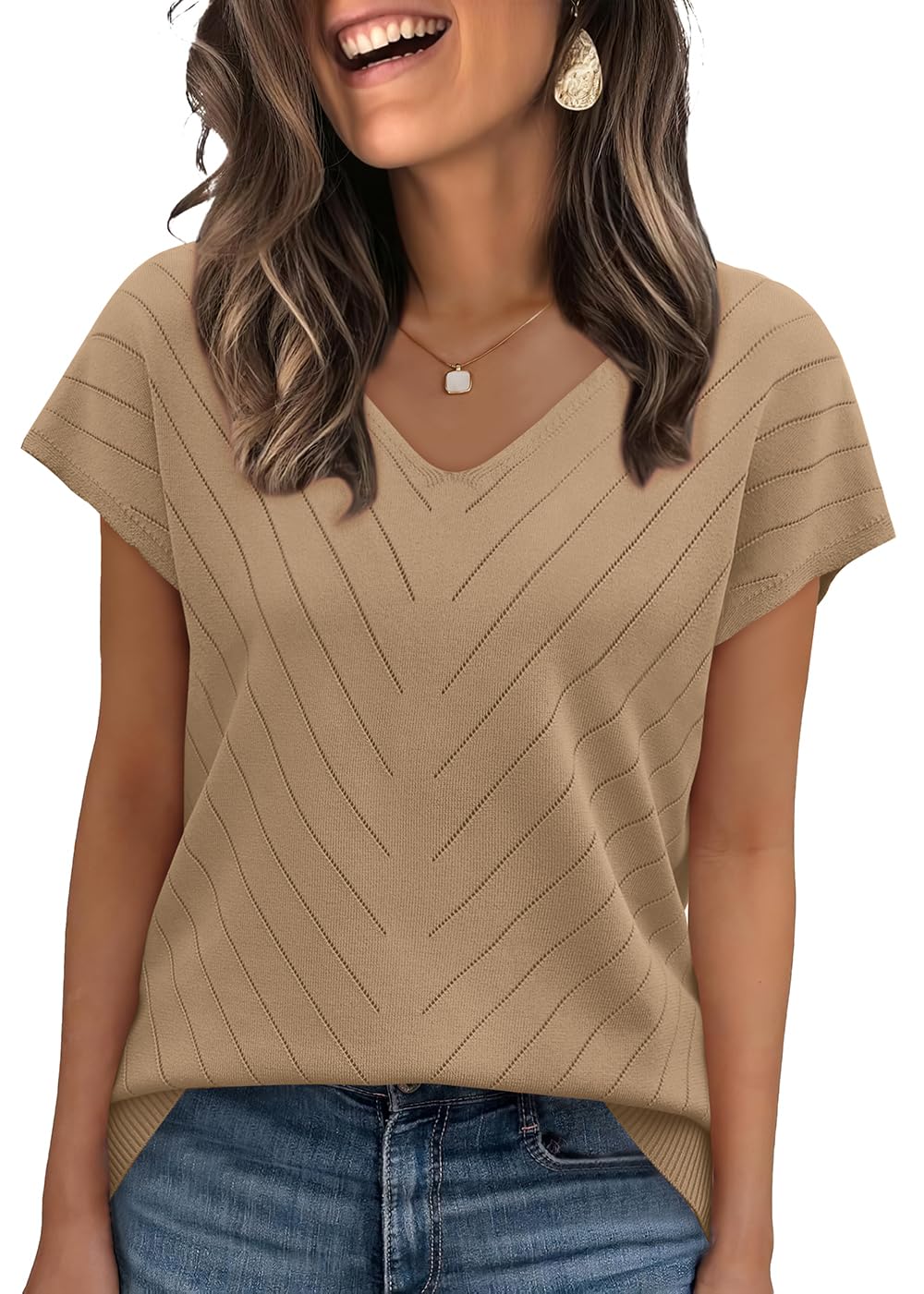 WIHOLL Short Sleeve Sweater for Women V Neck Trendy Summer Tops 2025 Beach Vacation Clothes Travel Business Casual Outfits