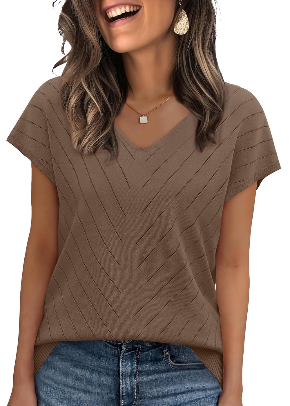 WIHOLL Short Sleeve Sweater for Women V Neck Trendy Summer Tops 2025 Beach Vacation Clothes Travel Business Casual Outfits