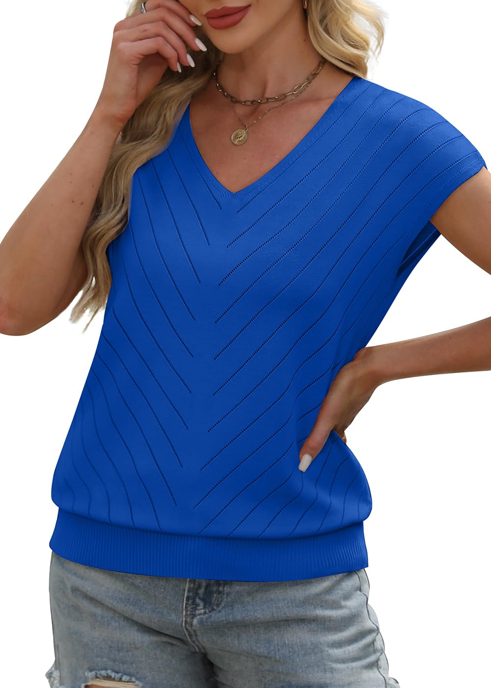 WIHOLL Short Sleeve Sweater for Women V Neck Trendy Summer Tops 2025 Beach Vacation Clothes Travel Business Casual Outfits