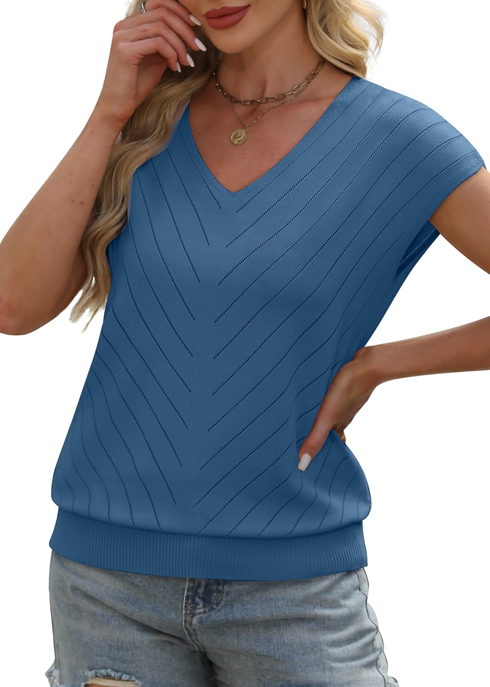 WIHOLL Short Sleeve Sweater for Women V Neck Trendy Summer Tops 2025 Beach Vacation Clothes Travel Business Casual Outfits