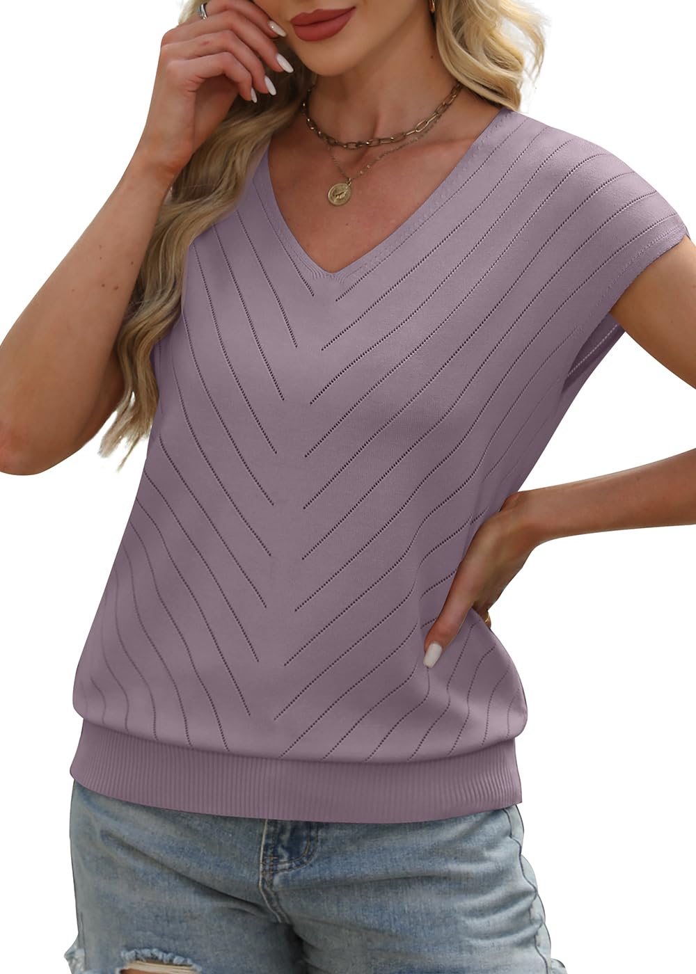 WIHOLL Short Sleeve Sweater for Women V Neck Trendy Summer Tops 2025 Beach Vacation Clothes Travel Business Casual Outfits