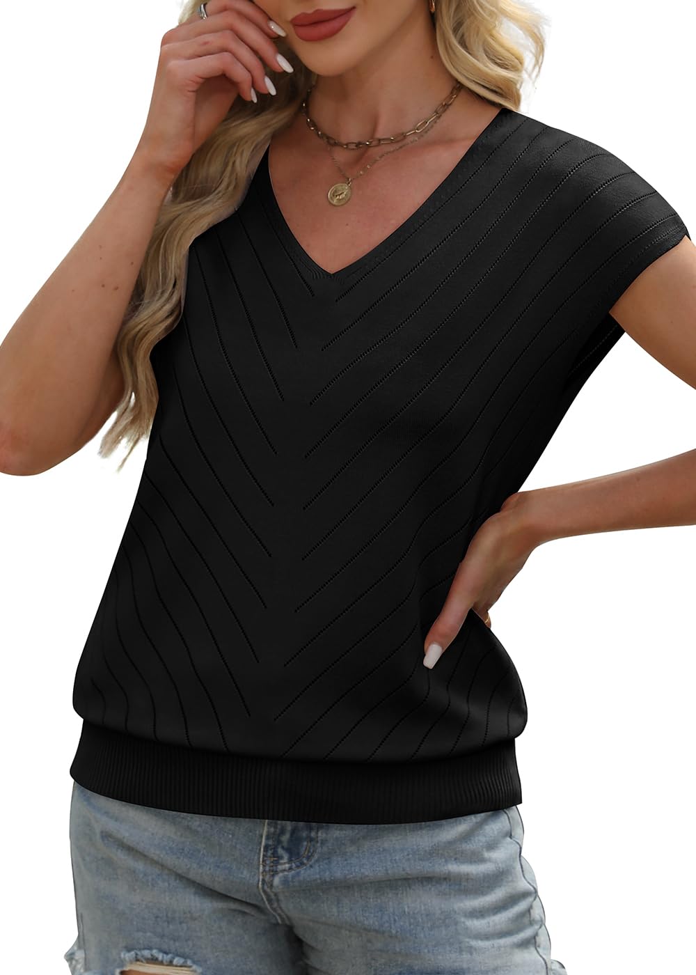 WIHOLL Short Sleeve Sweater for Women V Neck Trendy Summer Tops 2025 Beach Vacation Clothes Travel Business Casual Outfits