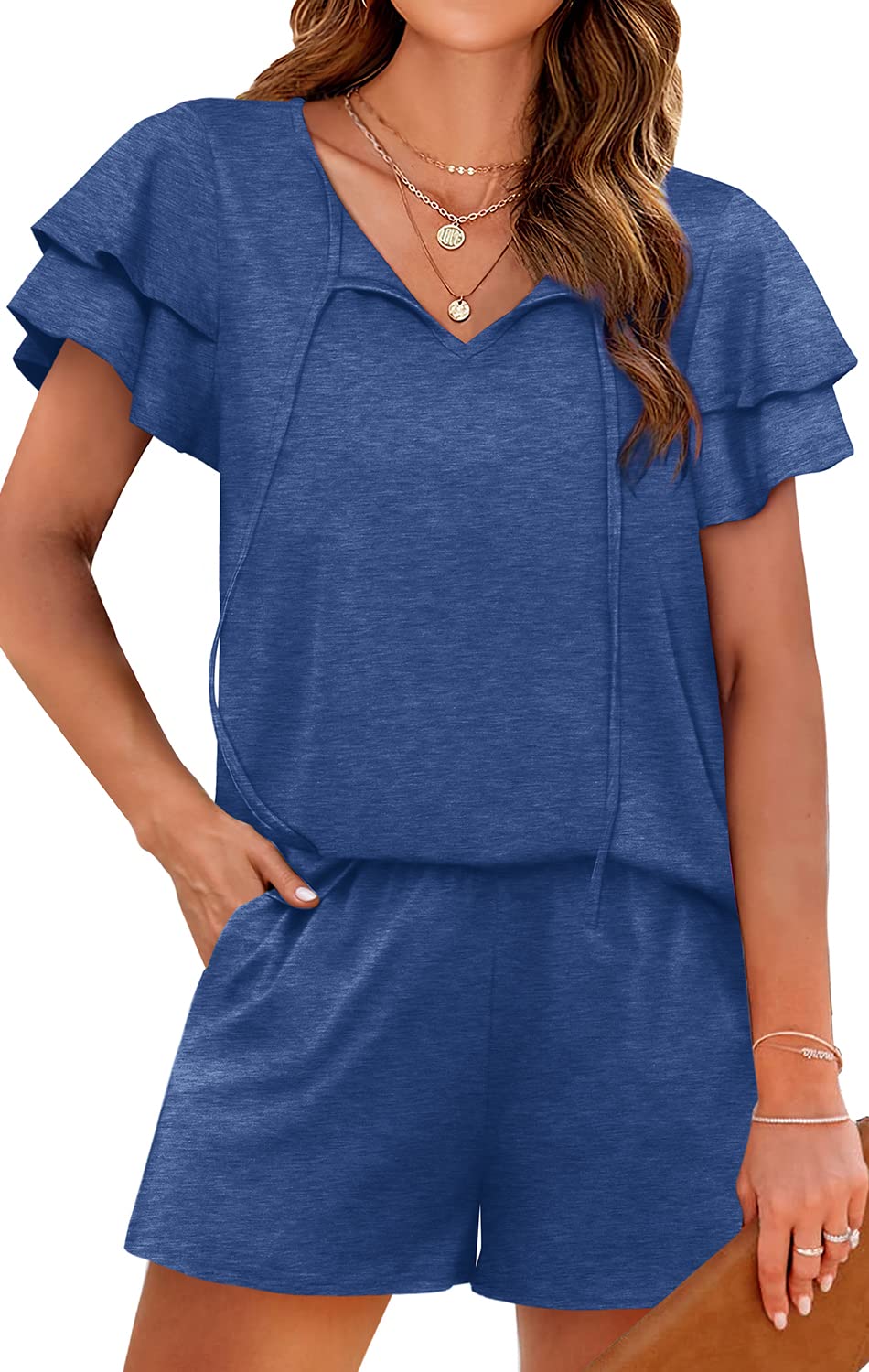 WIHOLL Summer Outfits for Women 2 Piece Short Sleeve V Neck Lounge Sets Casual