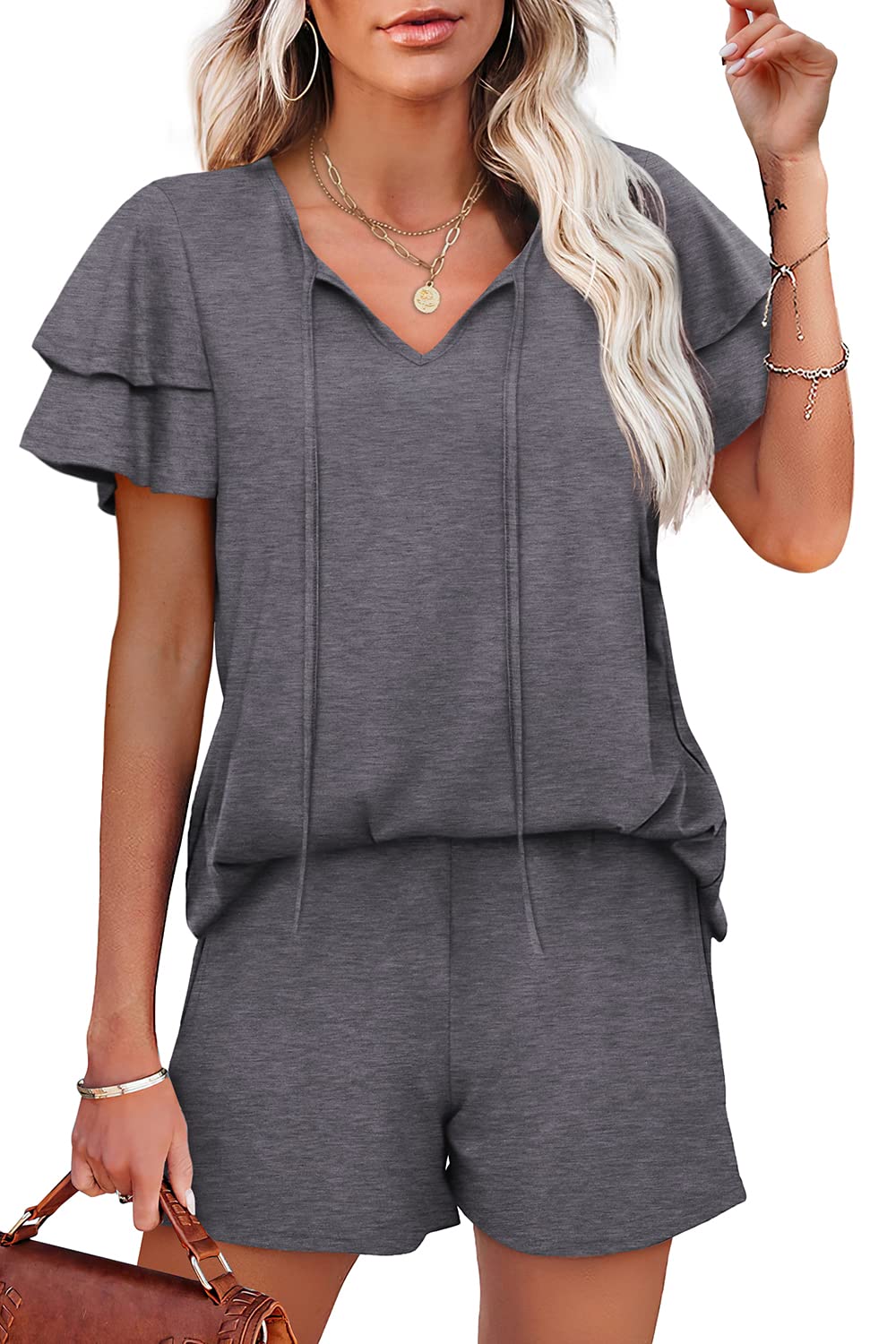 WIHOLL Summer Outfits for Women 2 Piece Short Sleeve V Neck Lounge Sets Casual