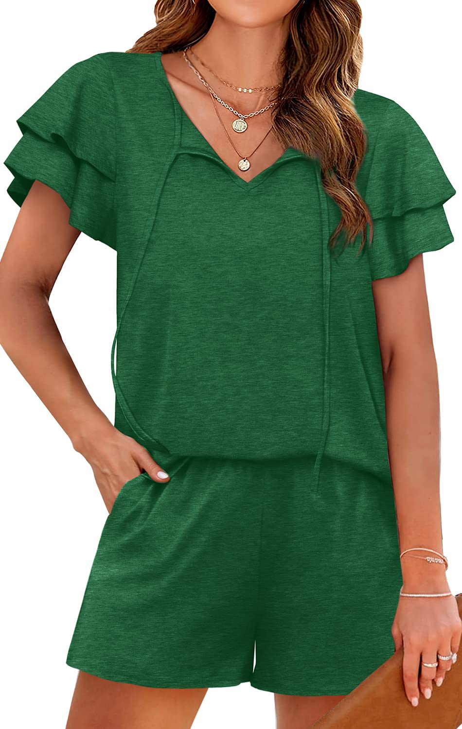 WIHOLL Summer Outfits for Women 2 Piece Short Sleeve V Neck Lounge Sets Casual