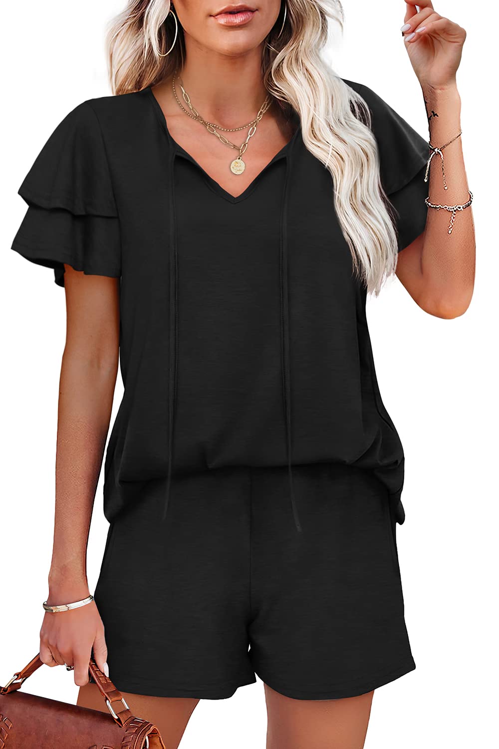 WIHOLL Summer Outfits for Women 2 Piece Short Sleeve V Neck Lounge Sets Casual