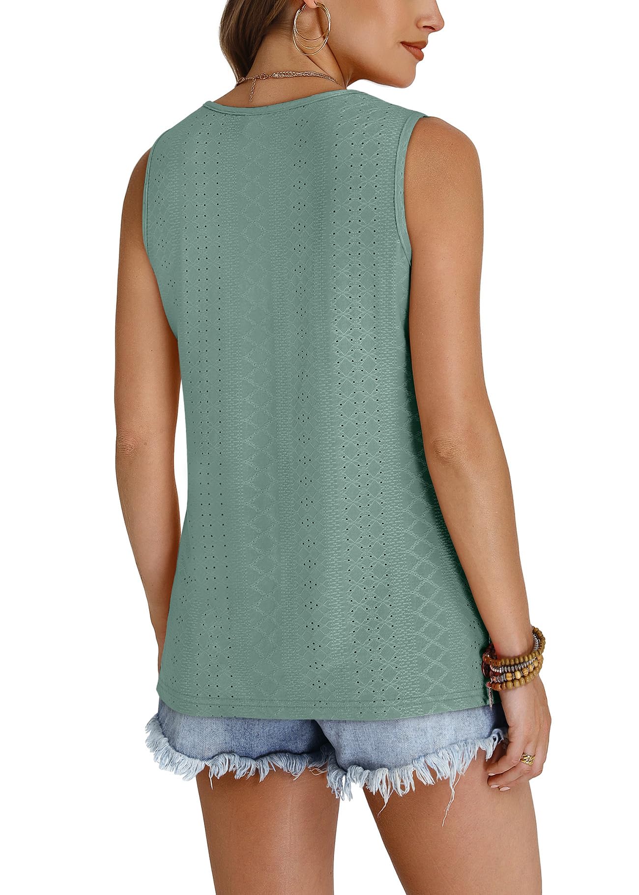 WIHOLL Tank Top for Women Summer Outfits V Neck T Shirts Trendy Eyelet Sleeveless Basic Beach Vacation Clothes