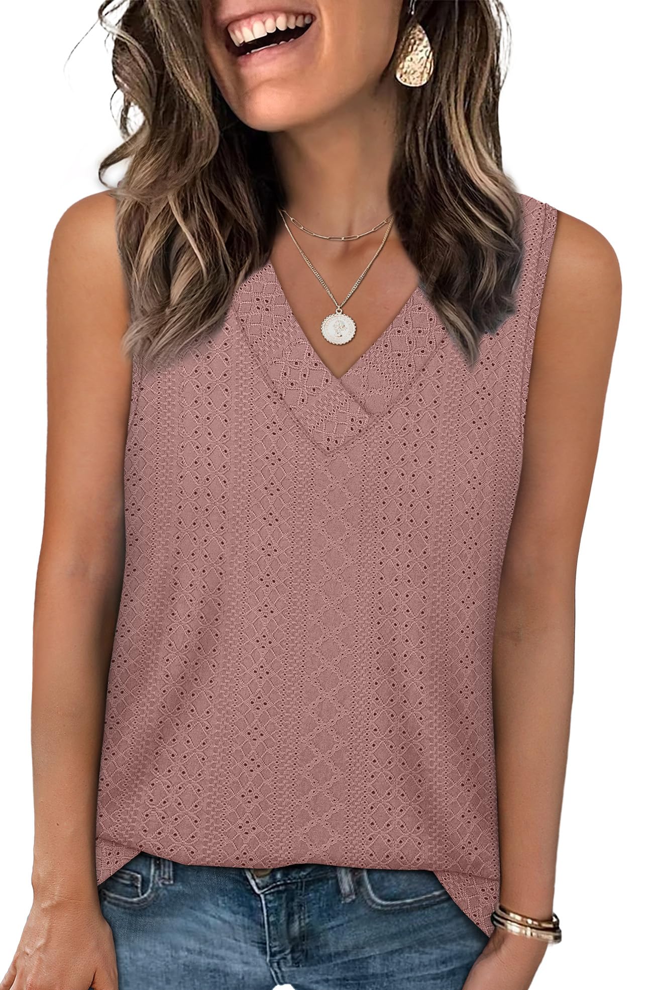 WIHOLL Tank Top for Women Summer Outfits V Neck T Shirts Trendy Eyelet Sleeveless Basic Beach Vacation Clothes