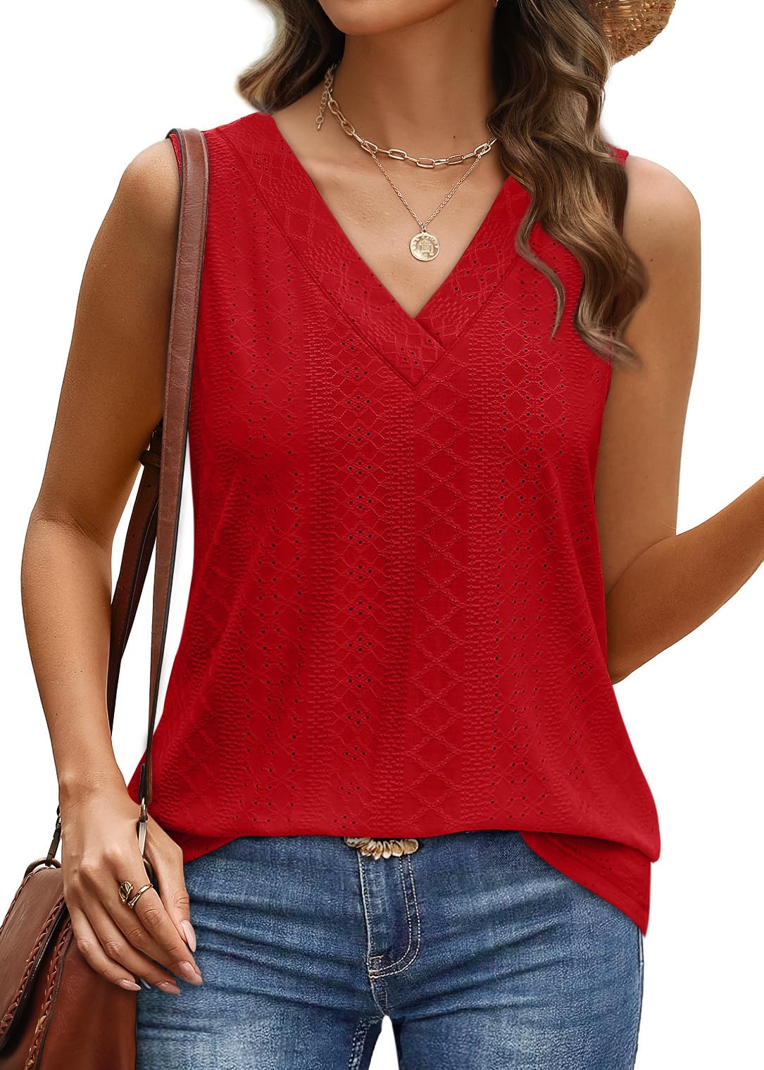 WIHOLL Tank Top for Women Summer Outfits V Neck T Shirts Trendy Eyelet Sleeveless Basic Beach Vacation Clothes