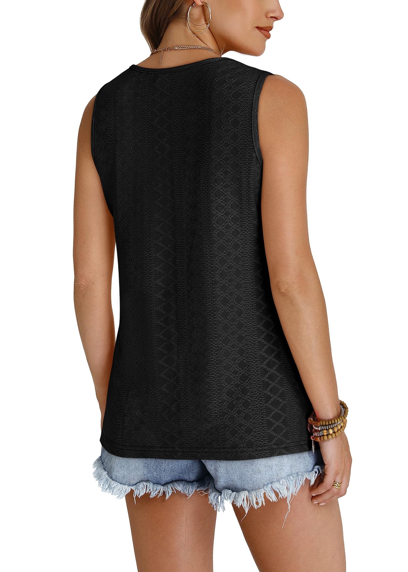 WIHOLL Tank Top for Women Summer Outfits V Neck T Shirts Trendy Eyelet Sleeveless Basic Beach Vacation Clothes