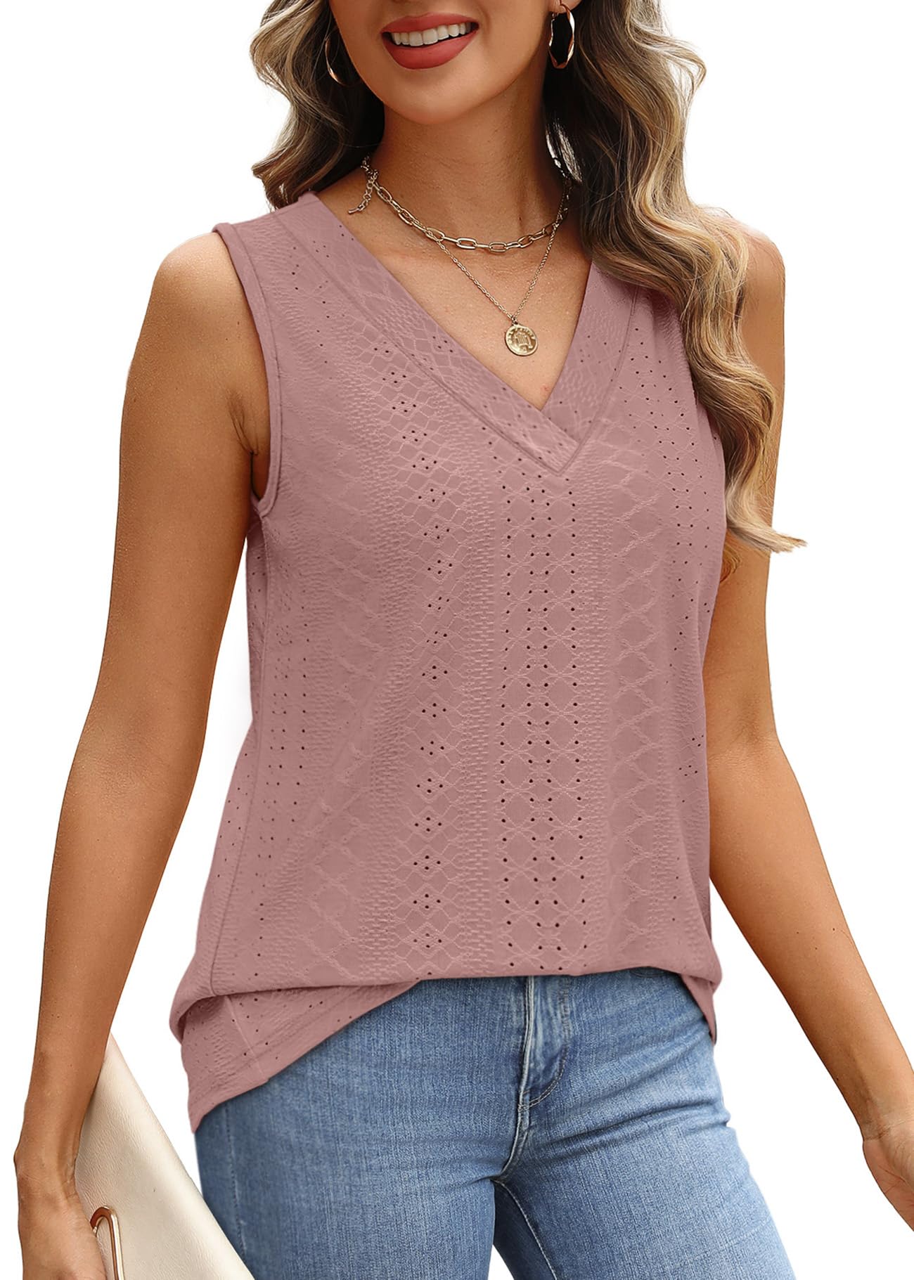 WIHOLL Tank Top for Women Summer Outfits V Neck T Shirts Trendy Eyelet Sleeveless Basic Beach Vacation Clothes