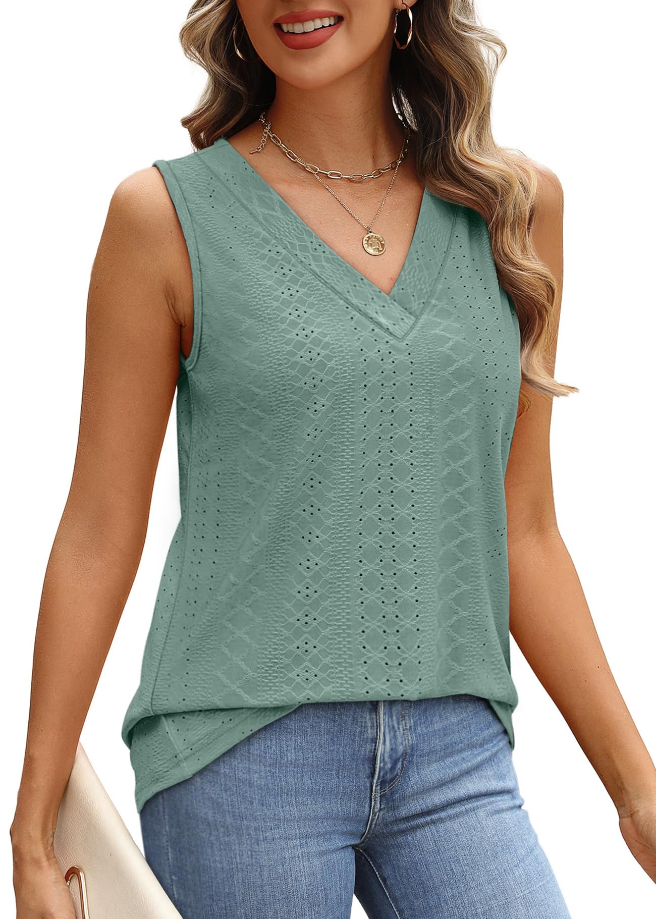 WIHOLL Tank Top for Women Summer Outfits V Neck T Shirts Trendy Eyelet Sleeveless Basic Beach Vacation Clothes