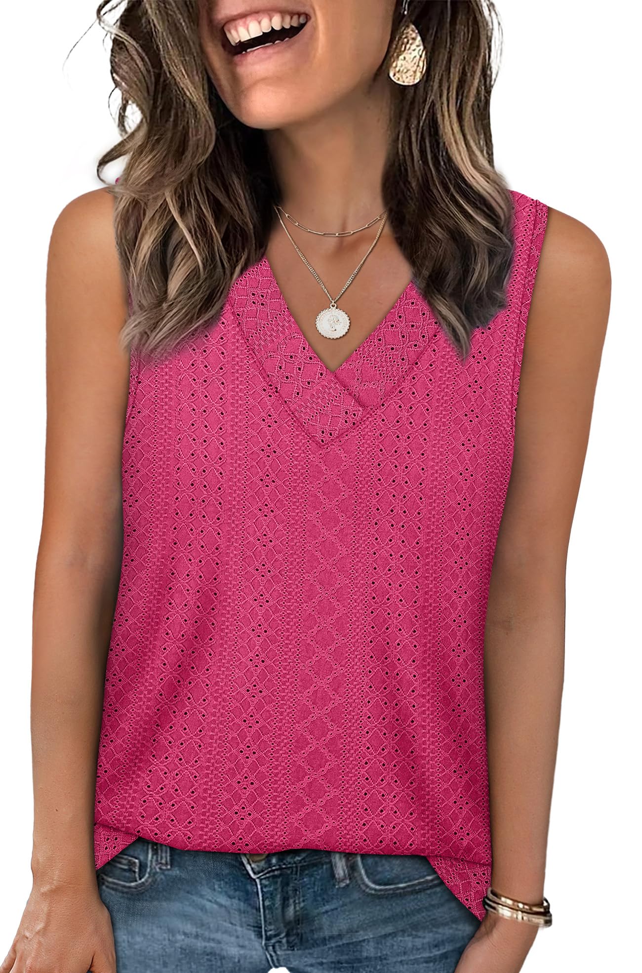 WIHOLL Tank Top for Women Summer Outfits V Neck T Shirts Trendy Eyelet Sleeveless Basic Beach Vacation Clothes