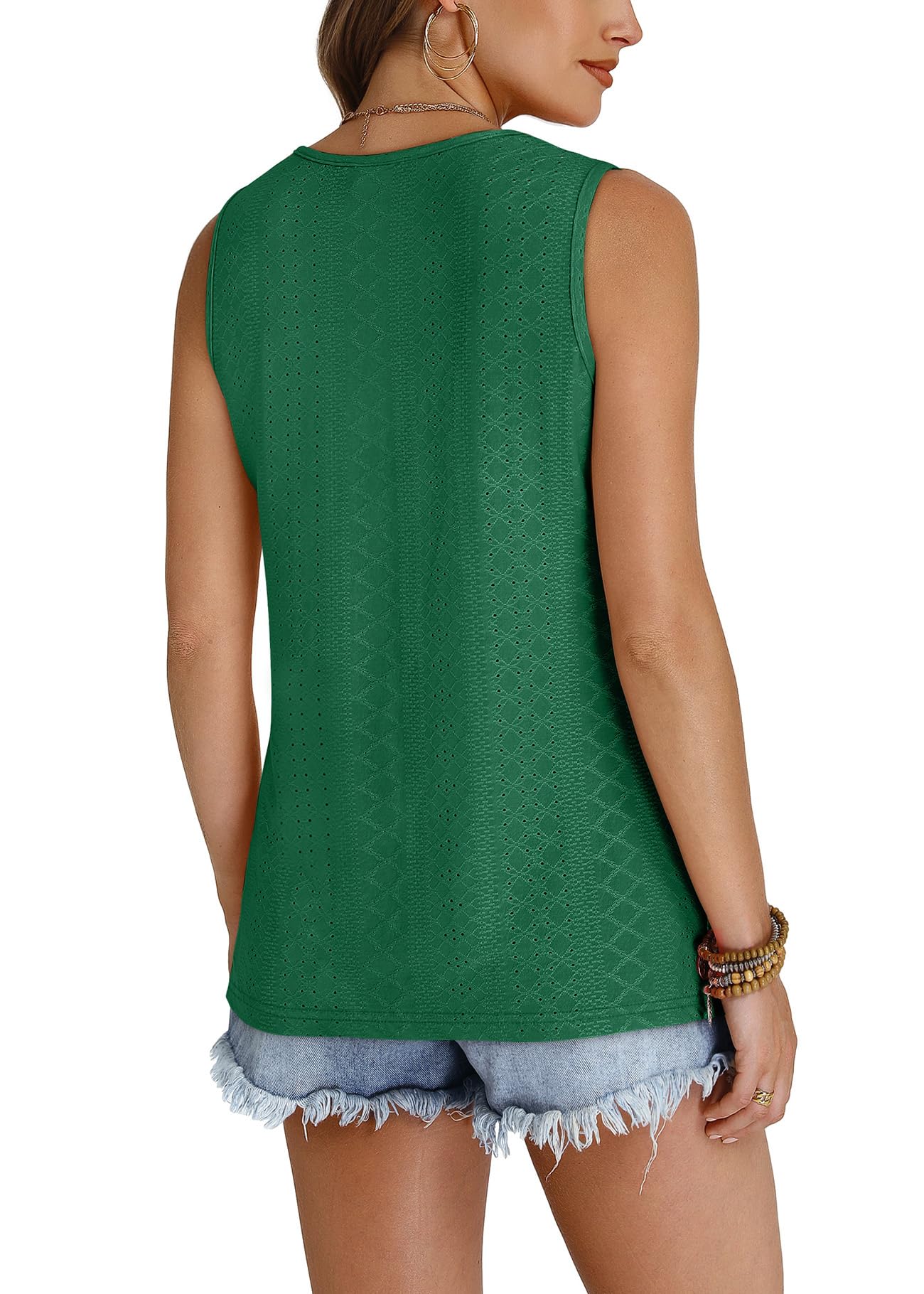 WIHOLL Tank Top for Women Summer Outfits V Neck T Shirts Trendy Eyelet Sleeveless Basic Beach Vacation Clothes