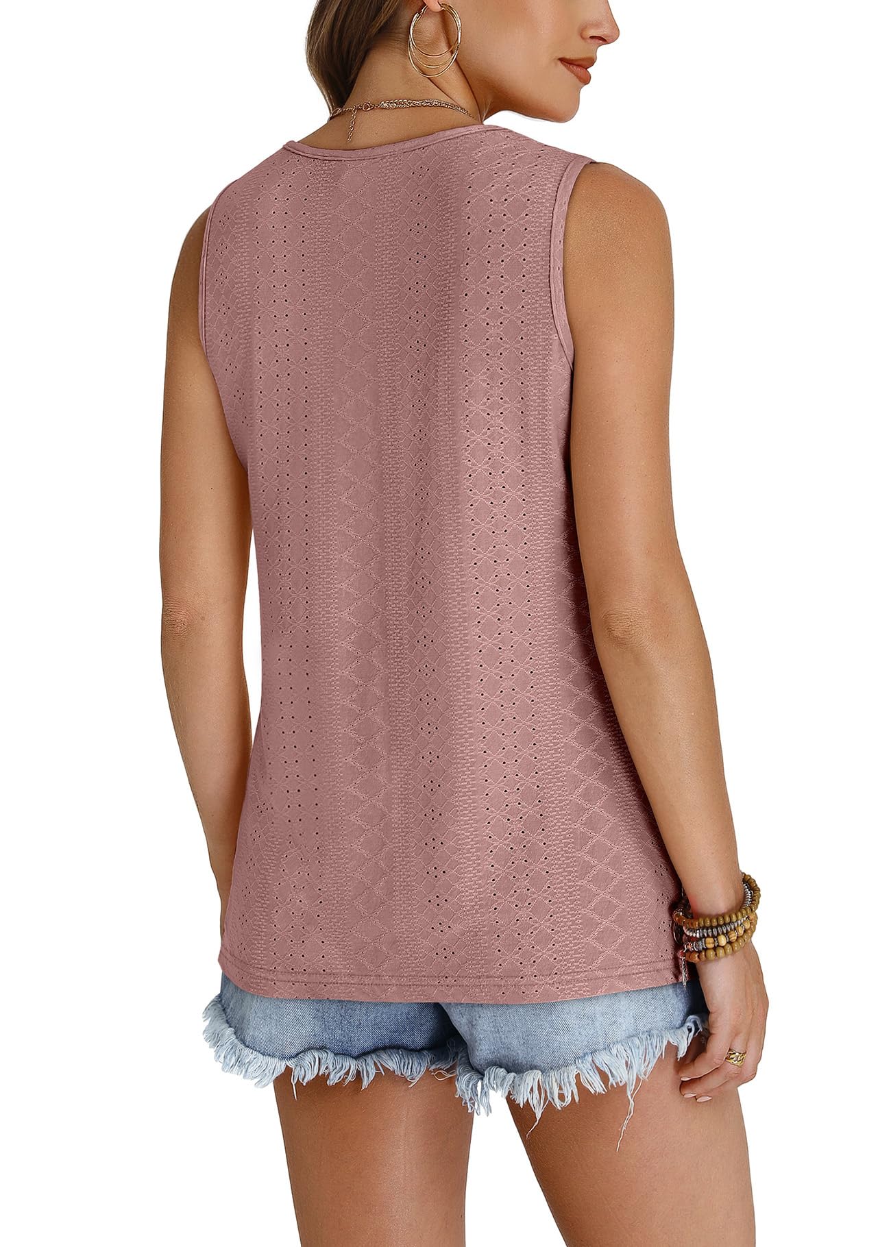 WIHOLL Tank Top for Women Summer Outfits V Neck T Shirts Trendy Eyelet Sleeveless Basic Beach Vacation Clothes