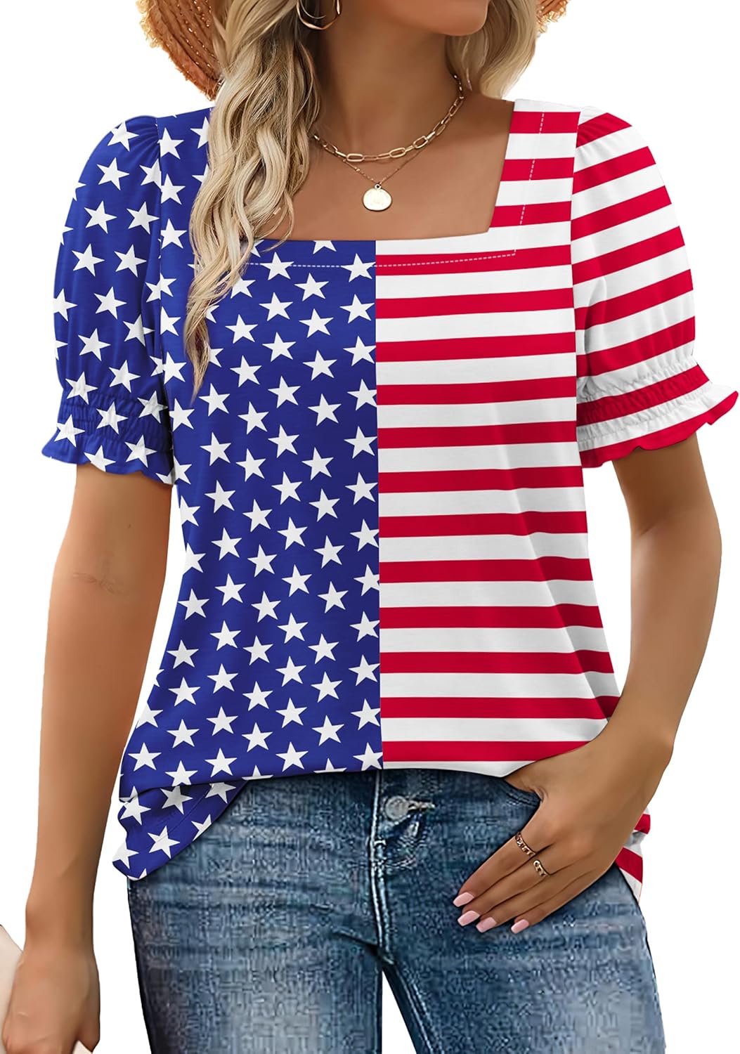 WIHOLL Tops for Women Summer Casual Ruffle Trim Sleeve Square Neck T Shirts