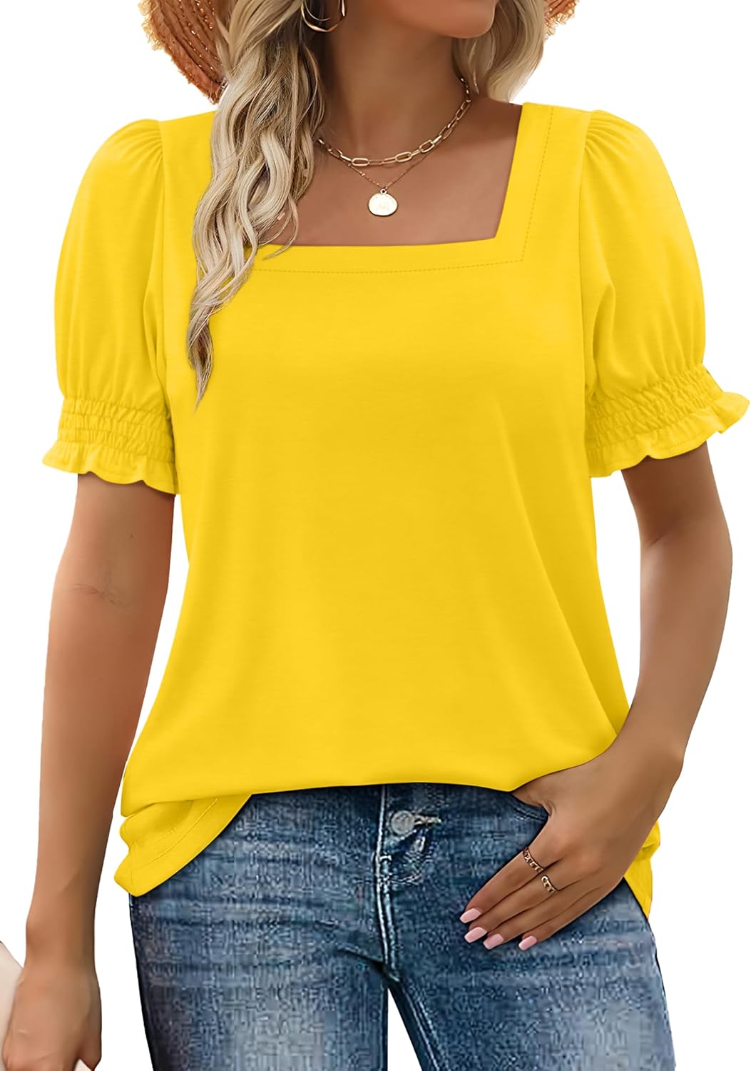 WIHOLL Tops for Women Summer Casual Ruffle Trim Sleeve Square Neck T Shirts