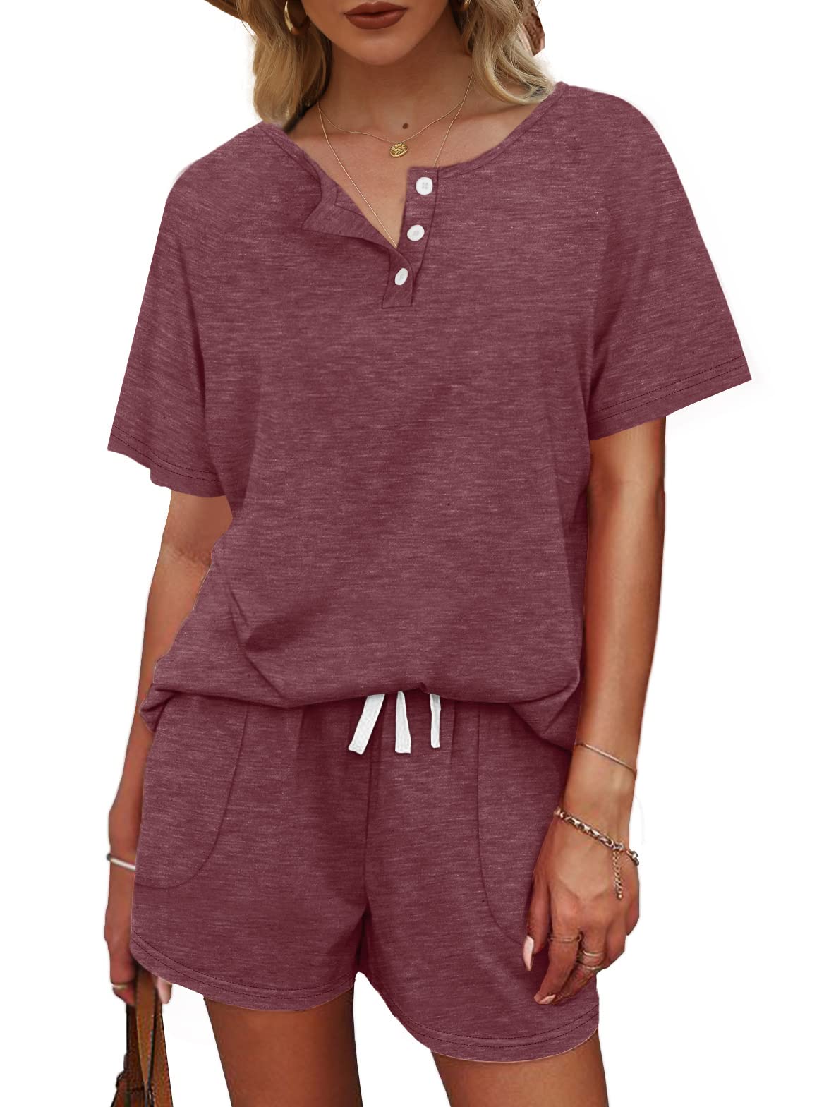 WIHOLL Two Piece Outfits for Women Lounge Sets Button Down Top and Shorts Set Sweatsuits with Pockets