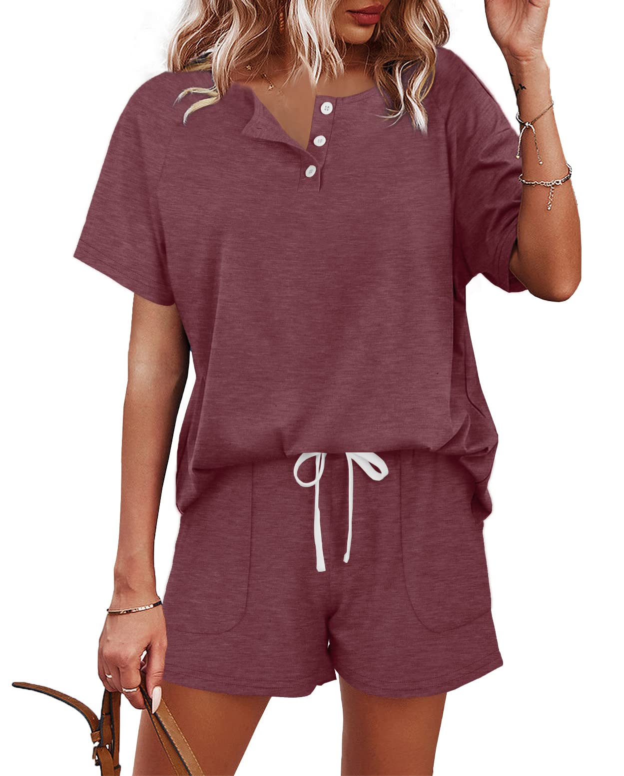 WIHOLL Two Piece Outfits for Women Lounge Sets Button Down Top and Shorts Set Sweatsuits with Pockets