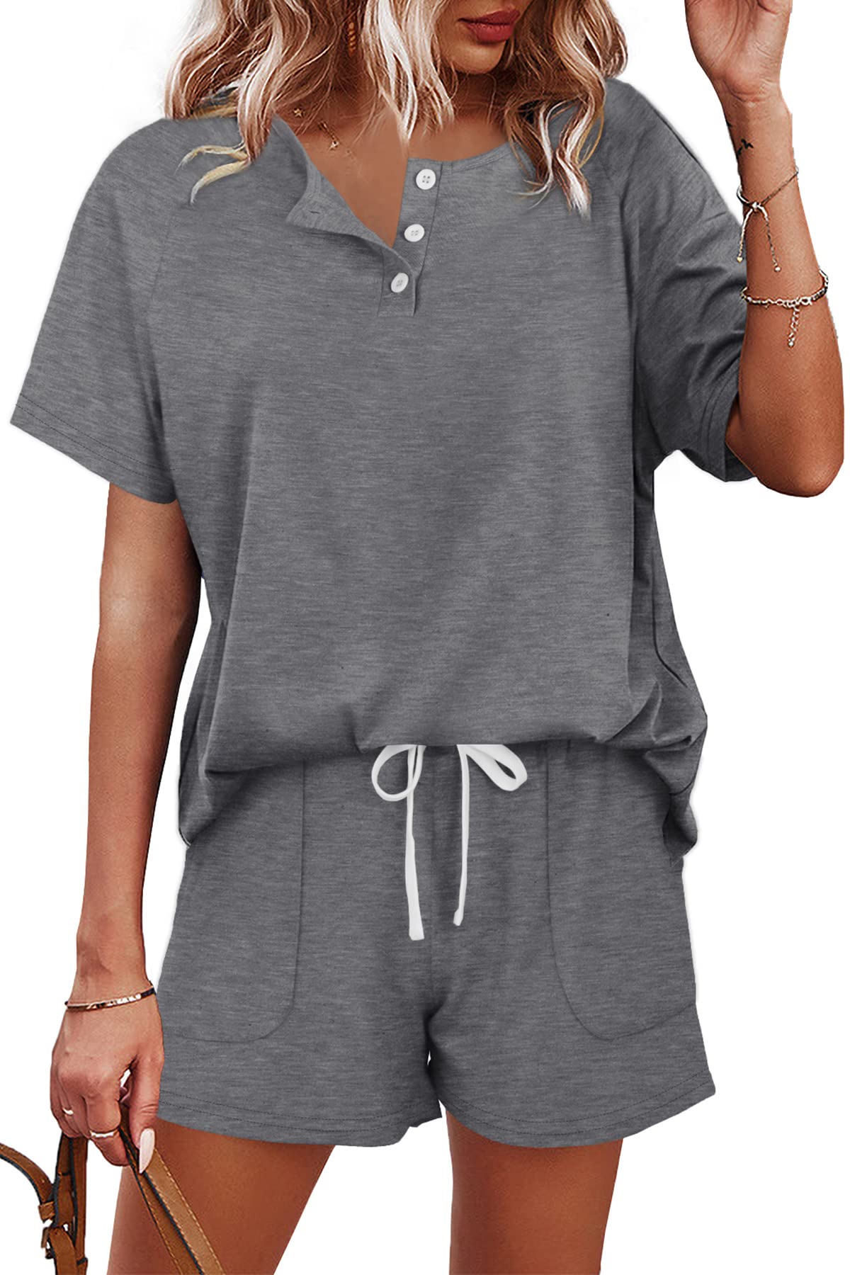 WIHOLL Two Piece Outfits for Women Lounge Sets Button Down Top and Shorts Set Sweatsuits with Pockets