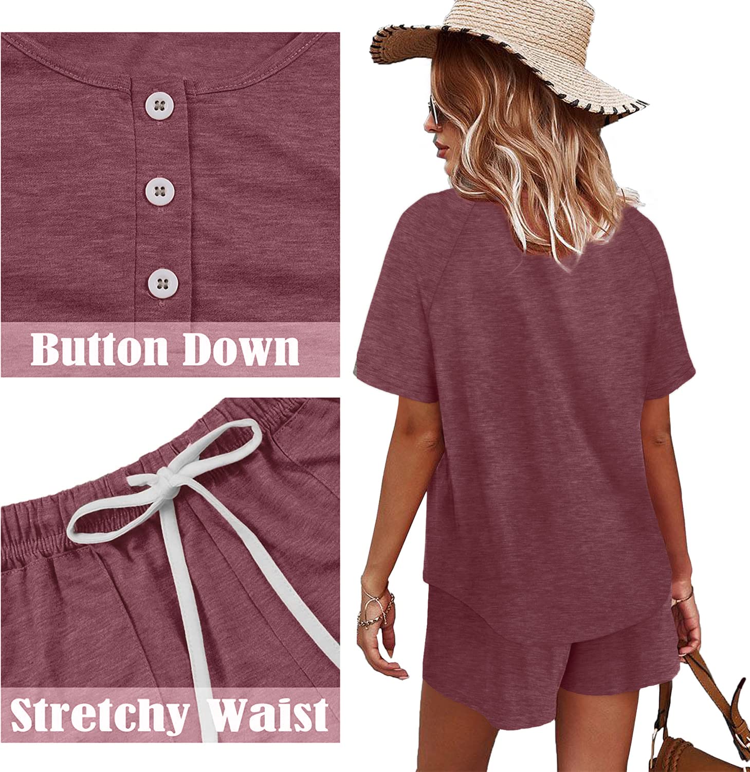 WIHOLL Two Piece Outfits for Women Lounge Sets Button Down Top and Shorts Set Sweatsuits with Pockets