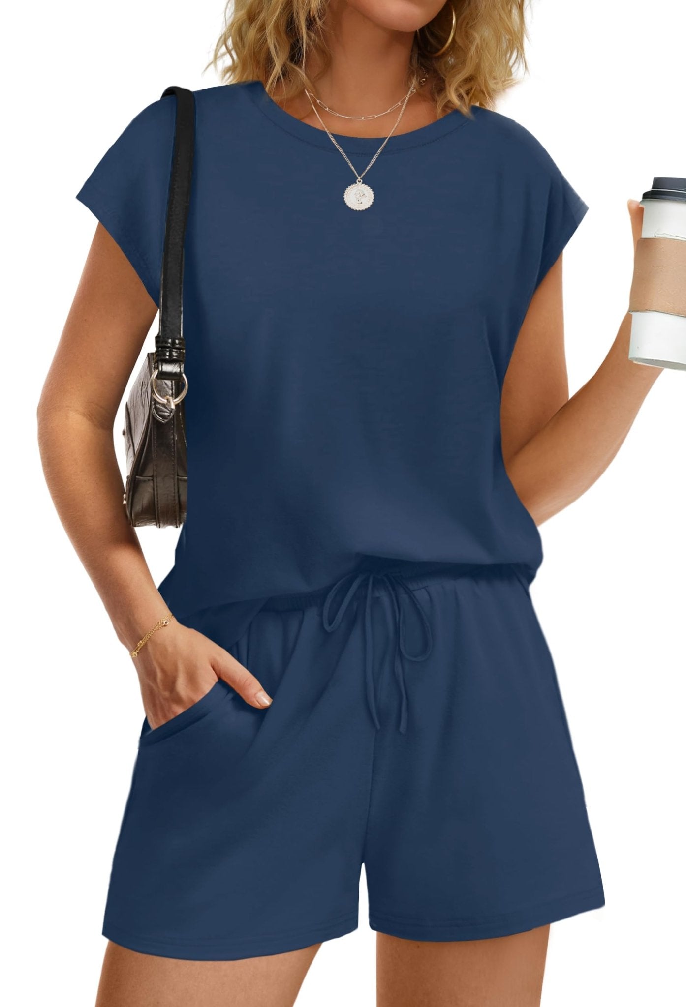 WIHOLL Two Piece Sets for Women Summer Crew Neck Lounge Short Sets Cap Sleeve Drawstring Sweatsuit with Pocket