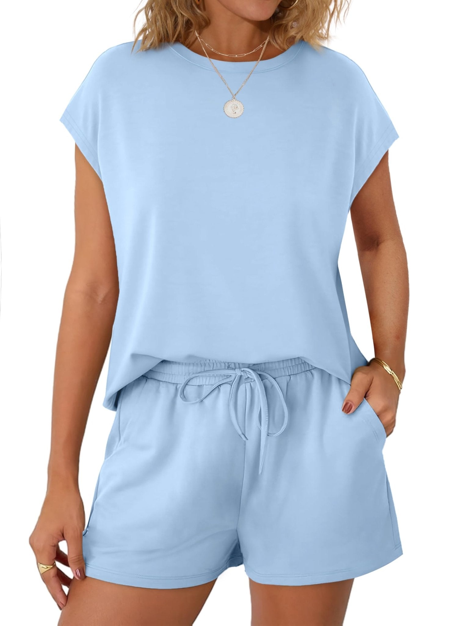 WIHOLL Two Piece Sets for Women Summer Crew Neck Lounge Short Sets Cap Sleeve Drawstring Sweatsuit with Pocket