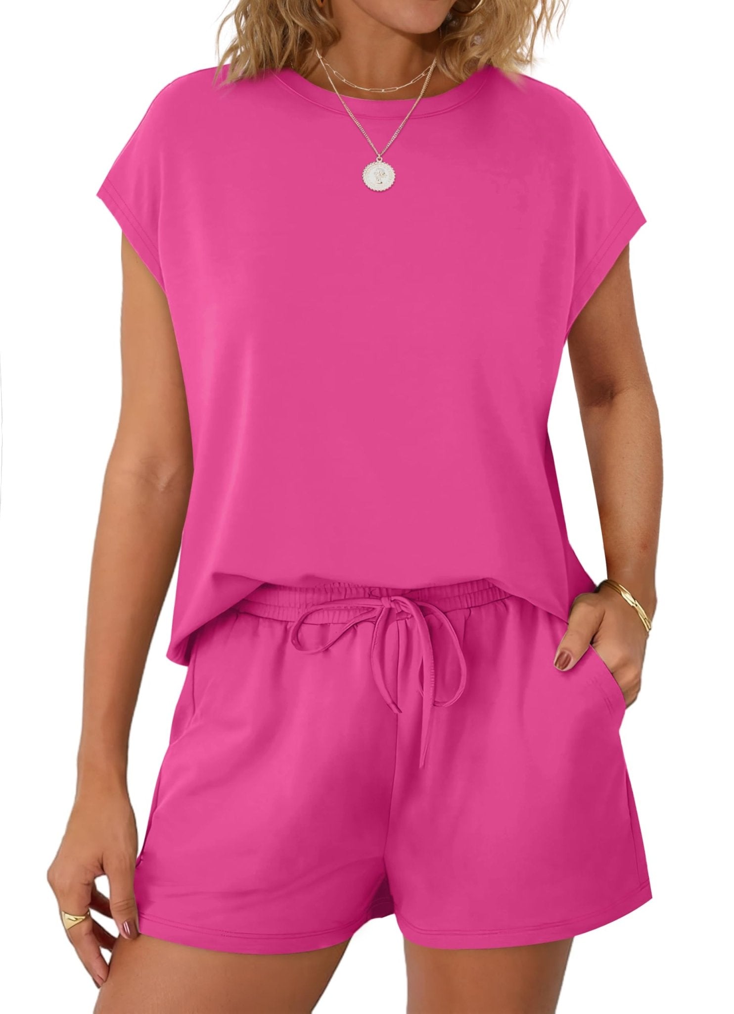 WIHOLL Two Piece Sets for Women Summer Crew Neck Lounge Short Sets Cap Sleeve Drawstring Sweatsuit with Pocket